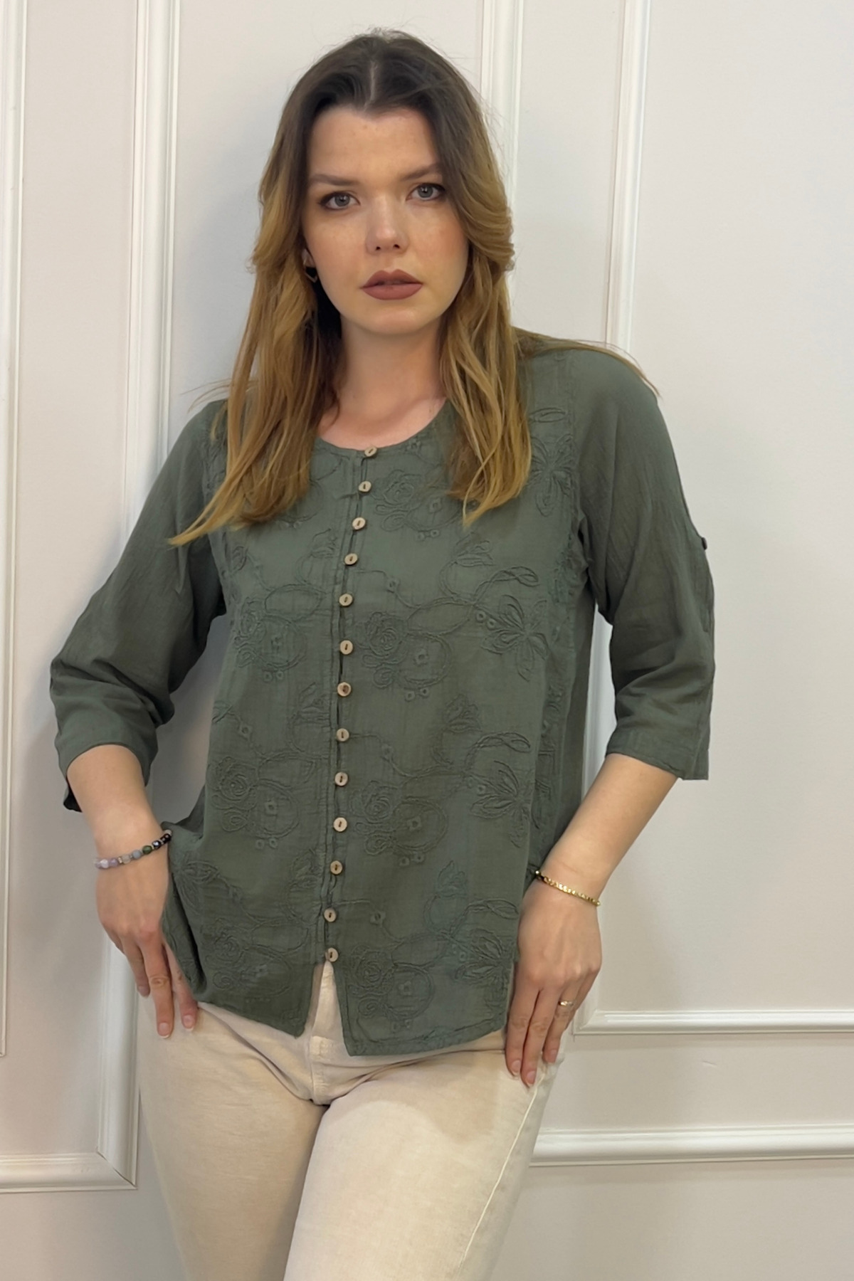 EtkiModa 100% Organic Cotton Women's Authentic Blouse with Embroidered Front and Button Detail