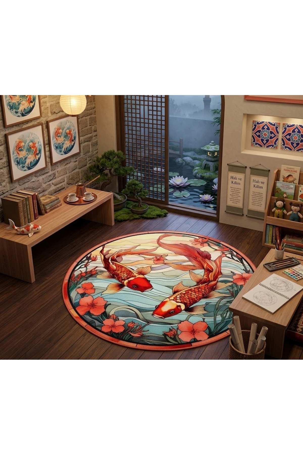 SDT Japanese Style Koi Fish and Flower Patterned Woven Base Decorative Carpet sdt851