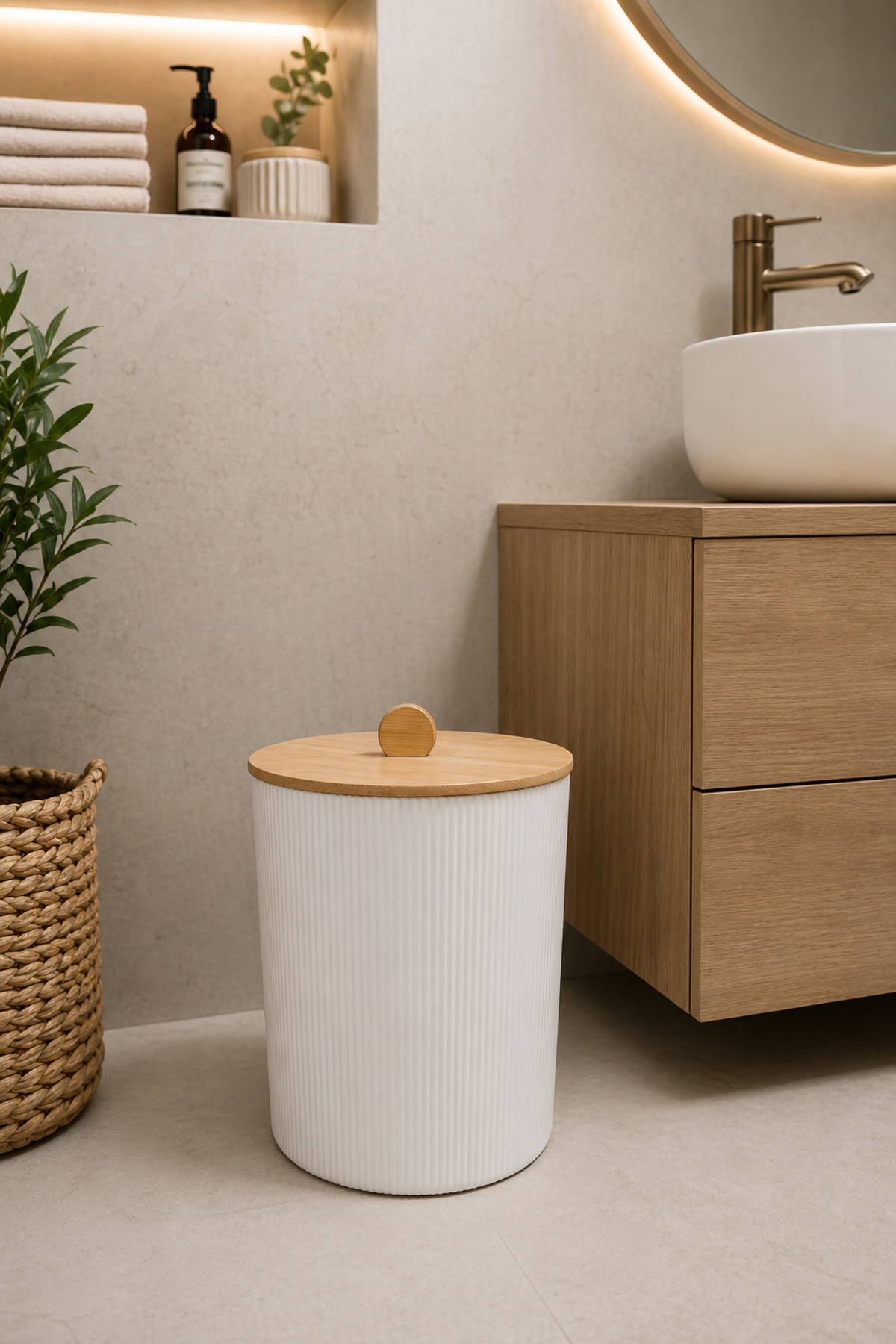 Natural Bamboo Lid Trash Can, 7 Liters, 20x23 cm Modern Stylish Design