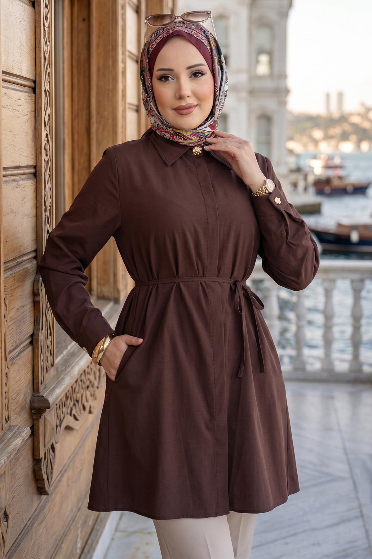 hafsamina Bağlamalı Cepli Tunik Kahverengi HM2911 görsel 5