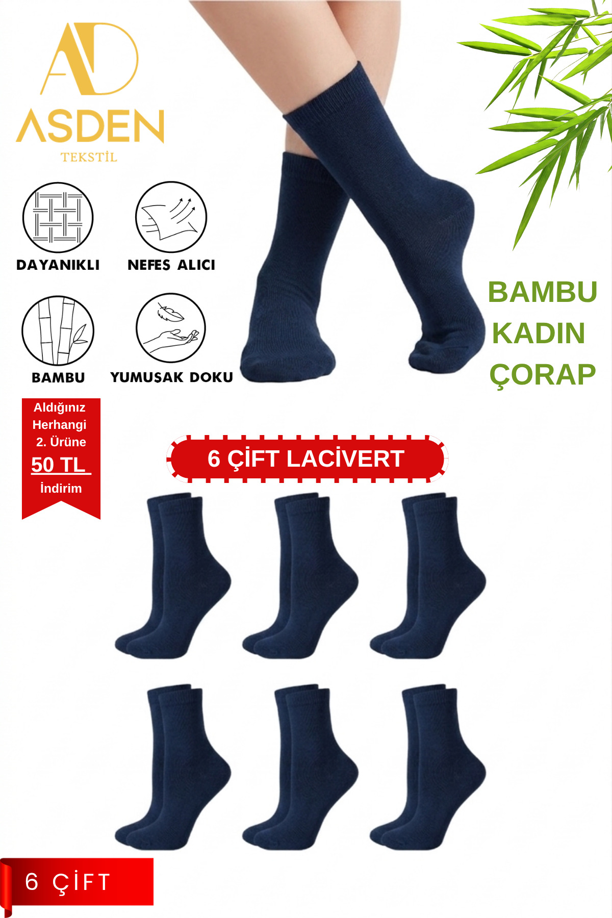 Bamboo Women's Socket Socks Navy Blue 6-Pack, Washable, Seamless Toe