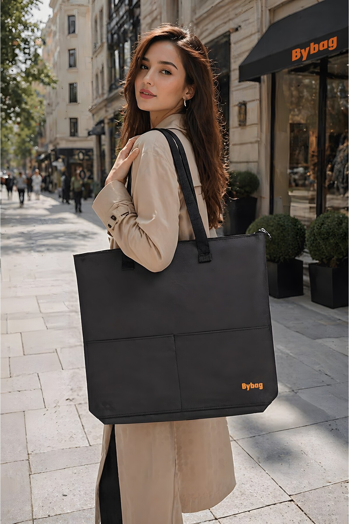 BYBAG Su Geçirmez İmpertex Büyük Boy Kadın Kol Çantası 45x40 cm Fermuarlı 2 Cepli + Hediye Makyaj Çantası görsel 2