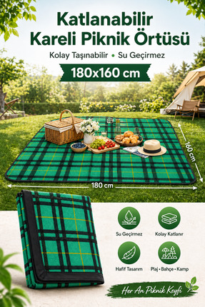 viyol marketim Kareli Piknik Örtüsü 180x160 cm – Su Geçirmez, Katlanabilir, P...