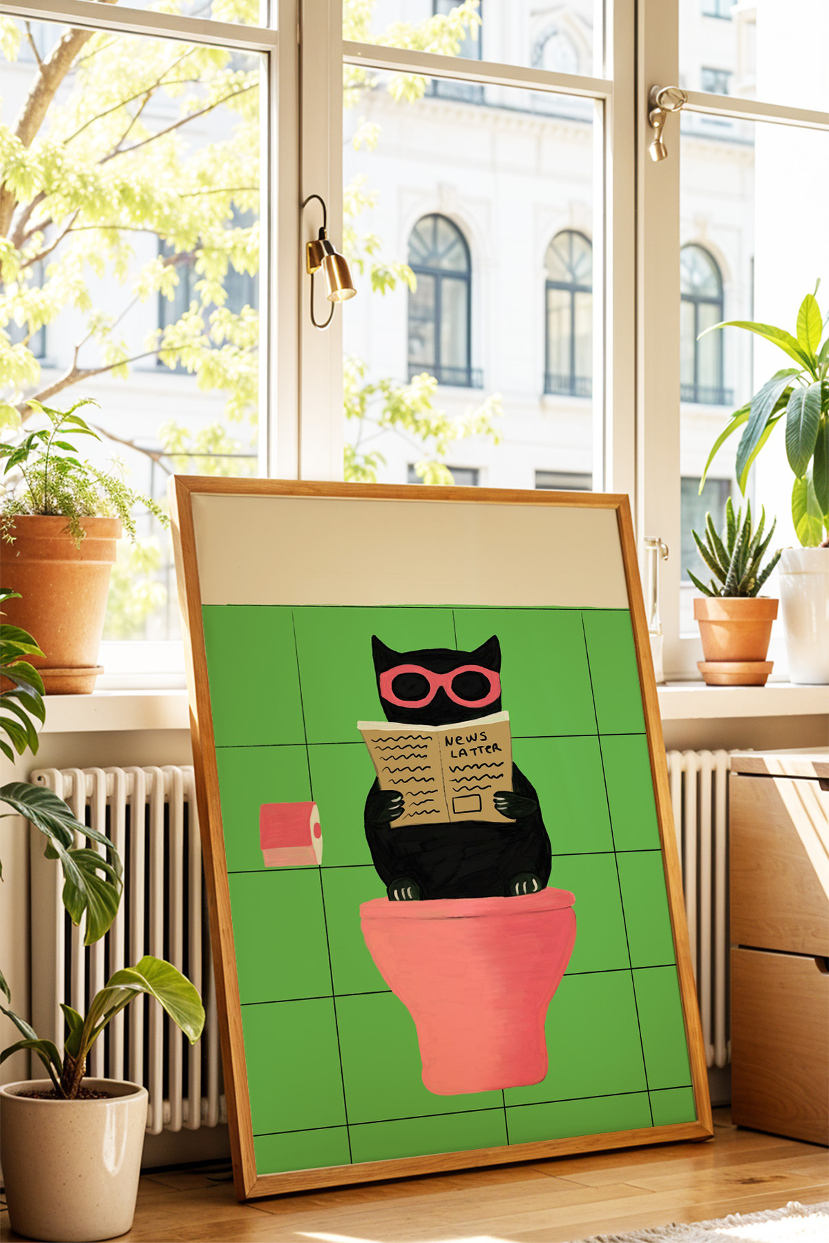 Siyah Kedi Tablo Poster Komik Banyo Konsept Modern Duvar Dekoru Çerçevesiz