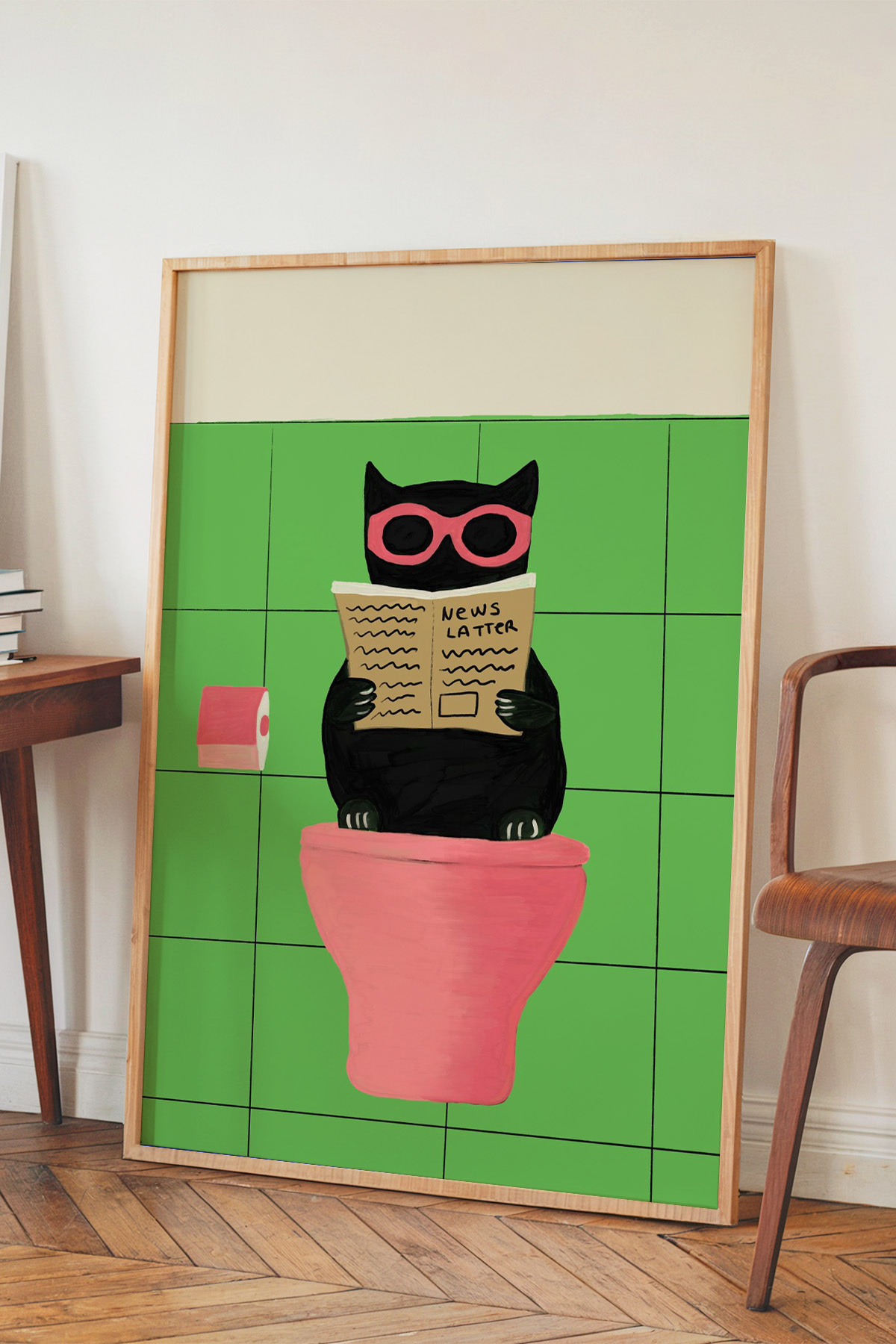 Siyah Kedi Tablo Poster Komik Banyo Konsept Modern Duvar Dekoru Çerçevesiz