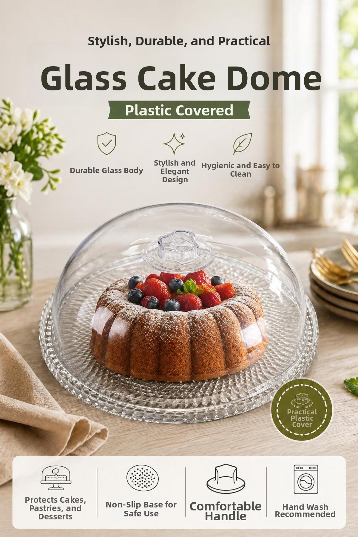 Funny Life Glass Cake Pan 28 cm with Plastic Lid Cake Pan Presentation Plate Cake Stand Storage Container