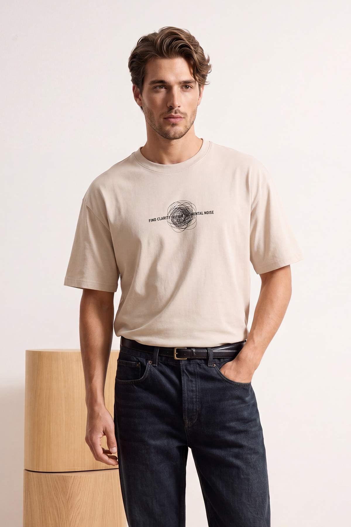 Trendyolmilla Man Bej Oversize/Geniş Kesim Baskılı %100 Pamuk T-Shirt TMNSS26TS00053