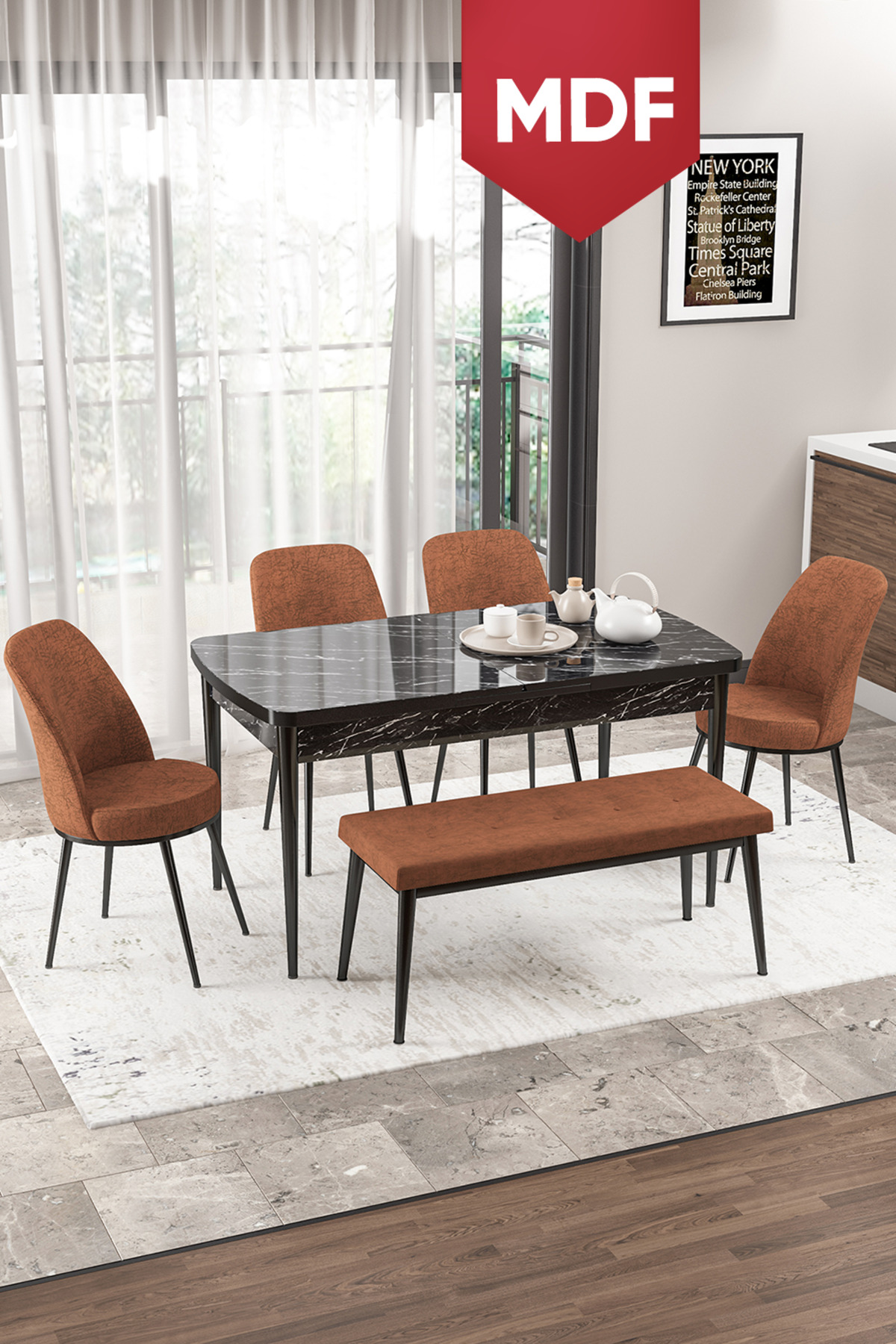 Via Series MDF Retractable Kitchen Table Set Black Marble Pattern Table 4 Tile Chair 1 Bench