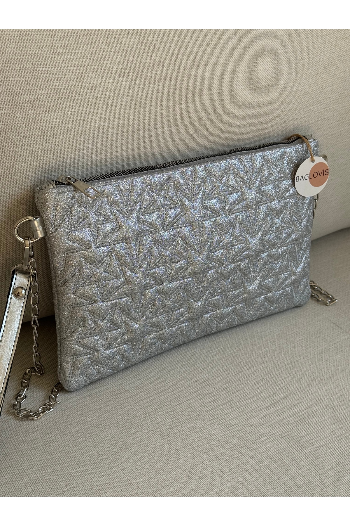 Star Embroidered Quilted Portfolio Bag Chain Strap Evening Dress Clutch Width30 Length19