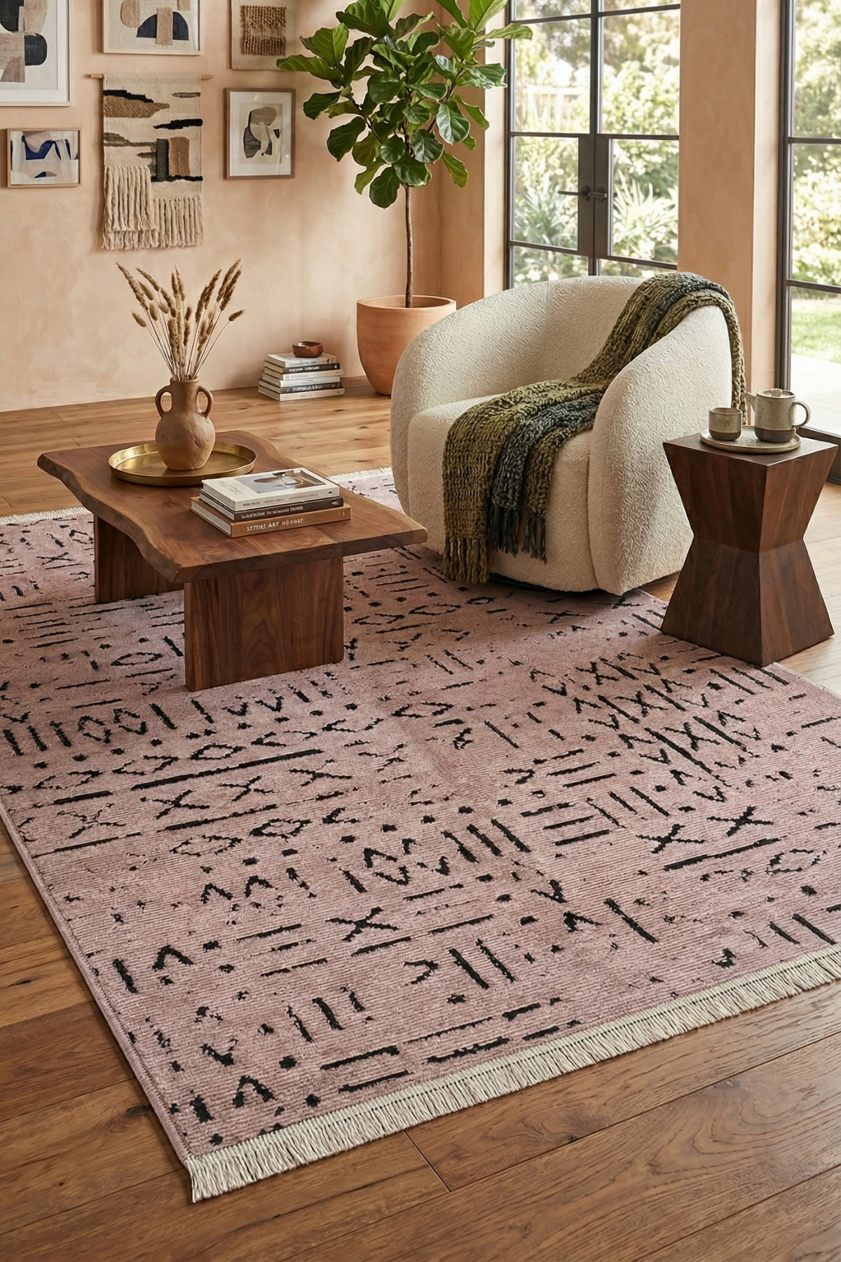 Venus Non-Slip Based Beige (MINK) Scandinavian Patterned Soft Carpet Cotton Woven, Living Room & Kitchen Rug
