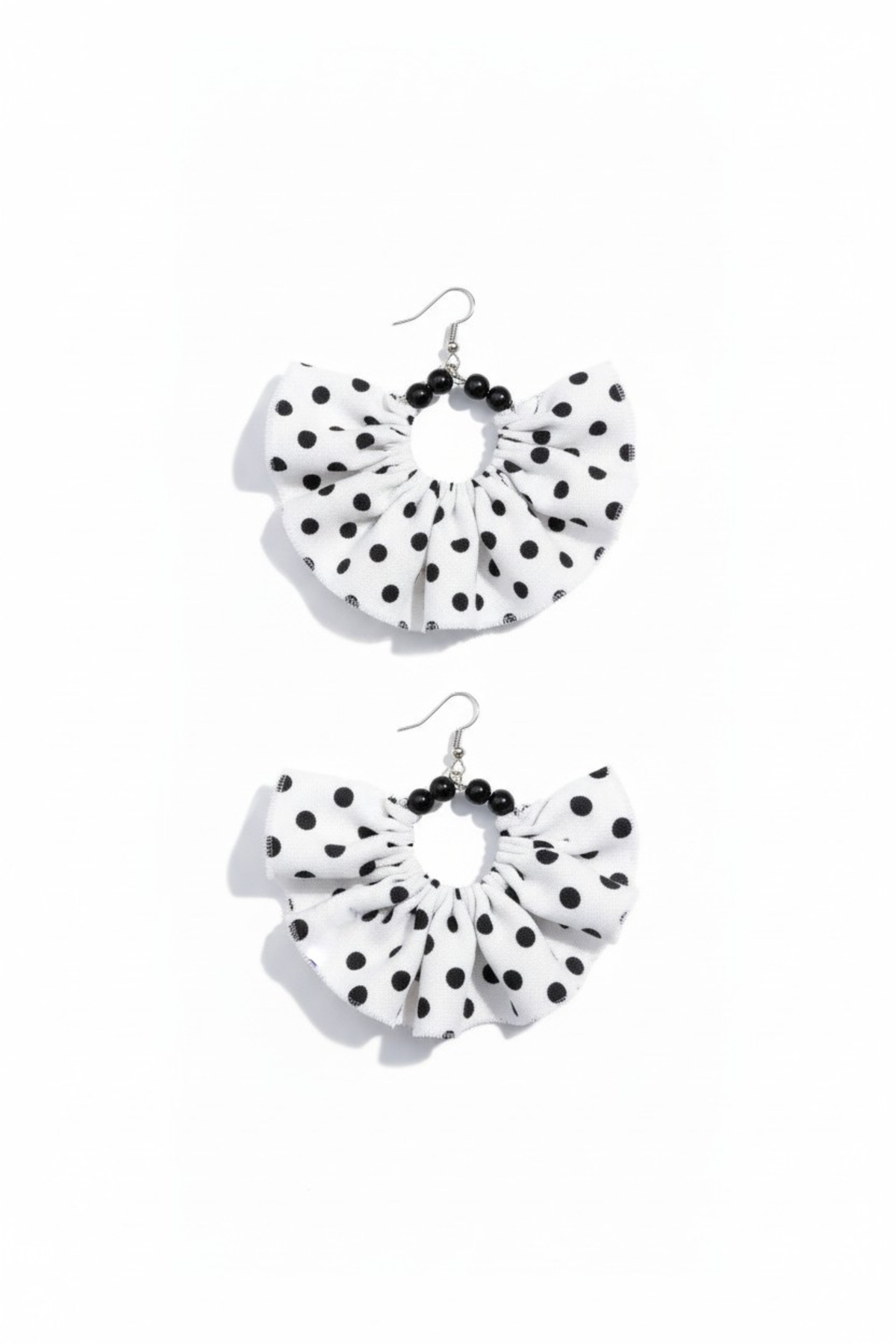 Silver Ring Earrings – Polka Dot Fabric Beaded Design