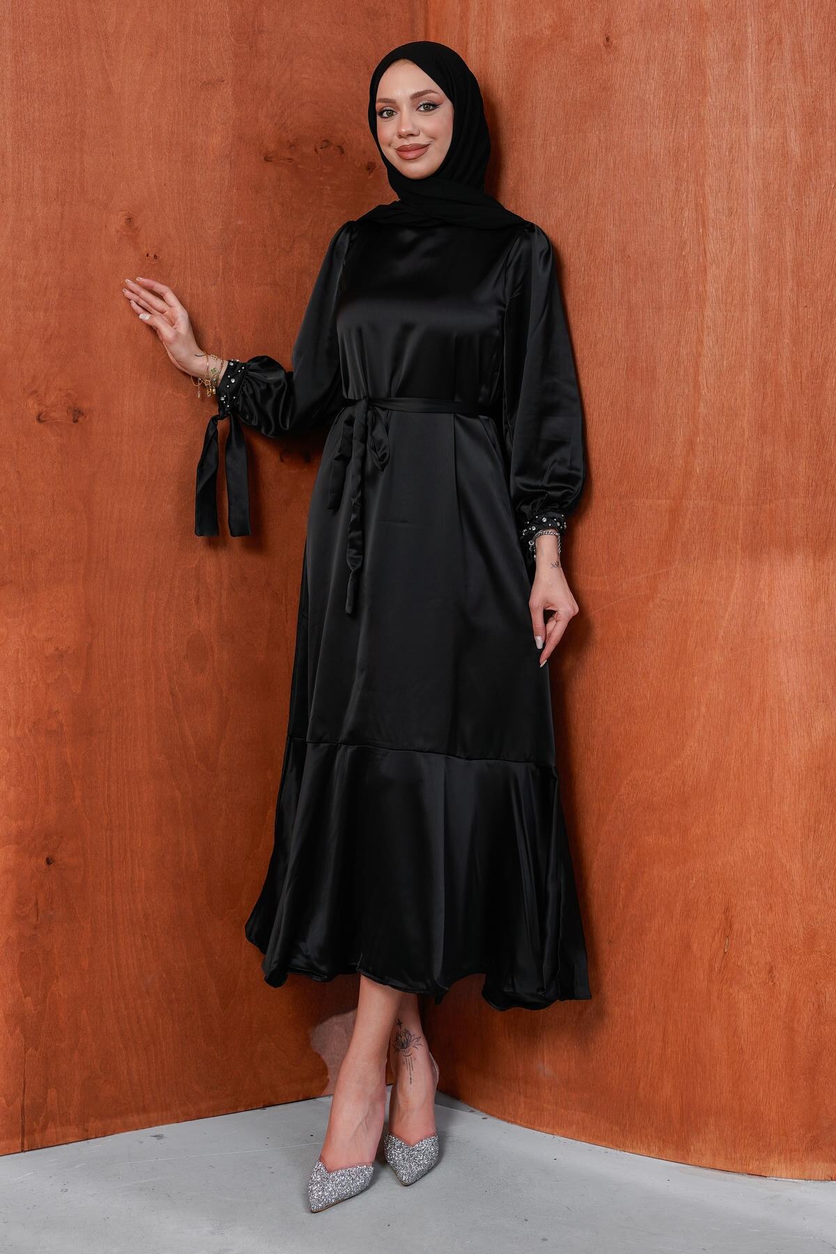 Black Stone Detailed Skirt Flywheel Satin Dress