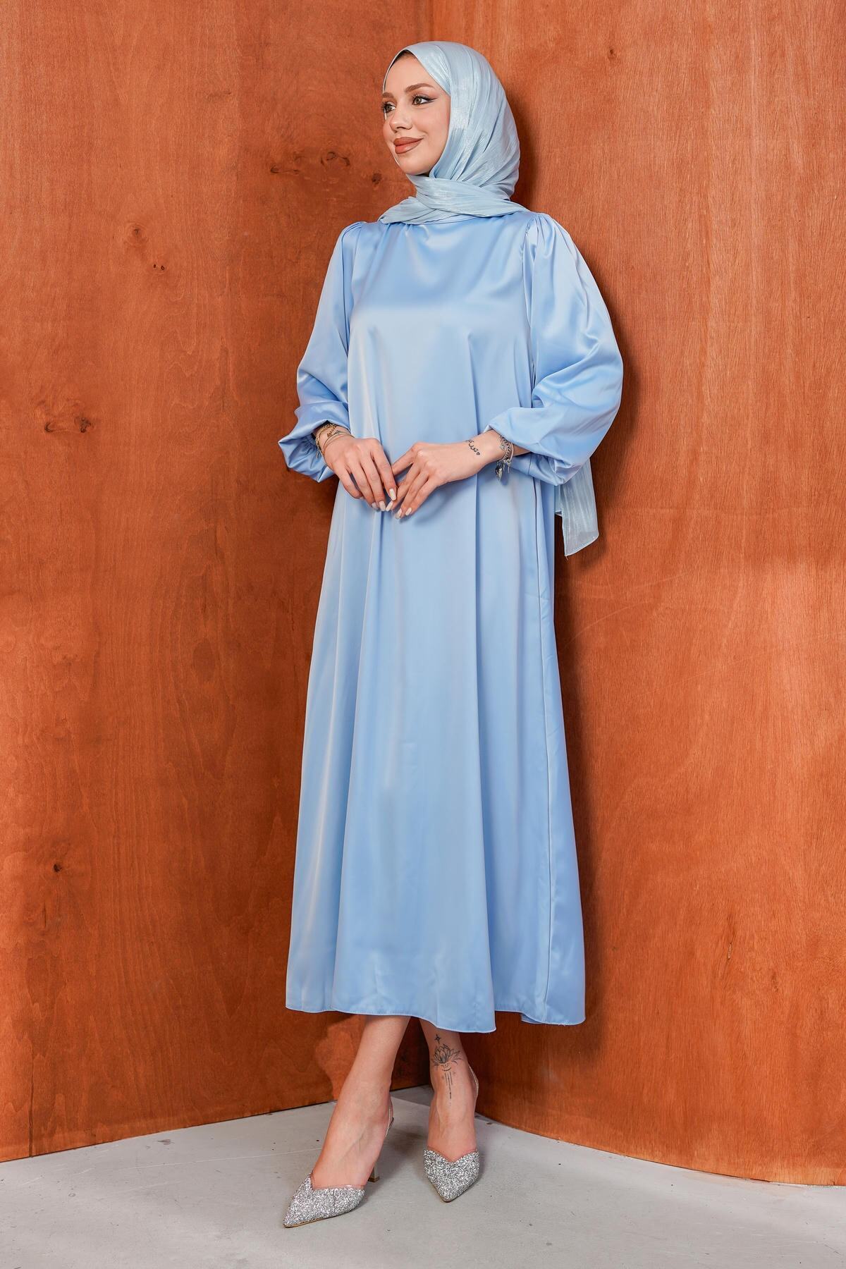 Baby Blue Rose Belt Detailed Balloon Sleeve Satin Evening Dress