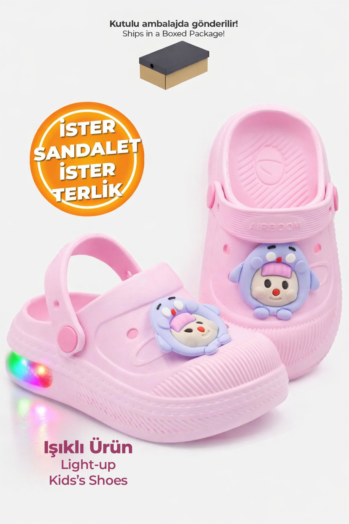 Işıklı Çocuk Sandalet Terlik Havuz Okul Kreş Günlük Işıklı Unisex Pembe Sandalet Terlik