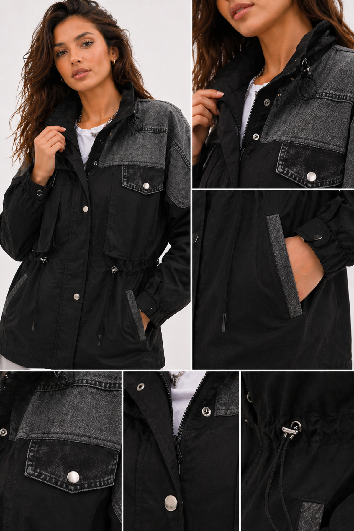Zylen Denim Detaylı Mix Uzun Yağmurluk Kadın görsel 4