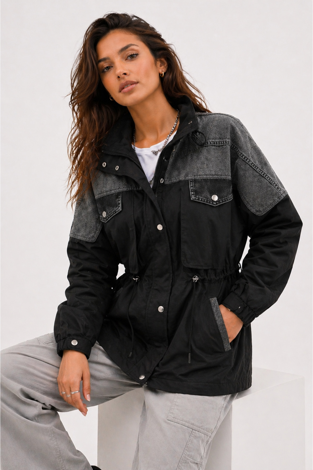 Zylen Denim Detaylı Mix Uzun Yağmurluk Kadın görsel 2