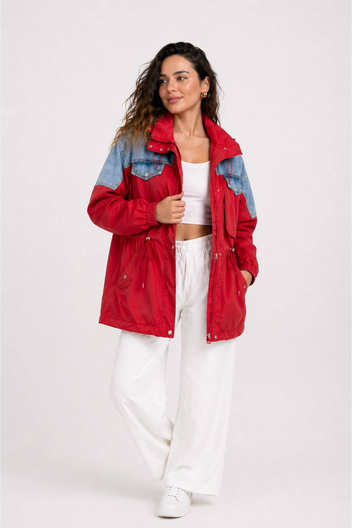 Zylen Denim Detaylı Mix Uzun Cepli Yağmurluk Kadın