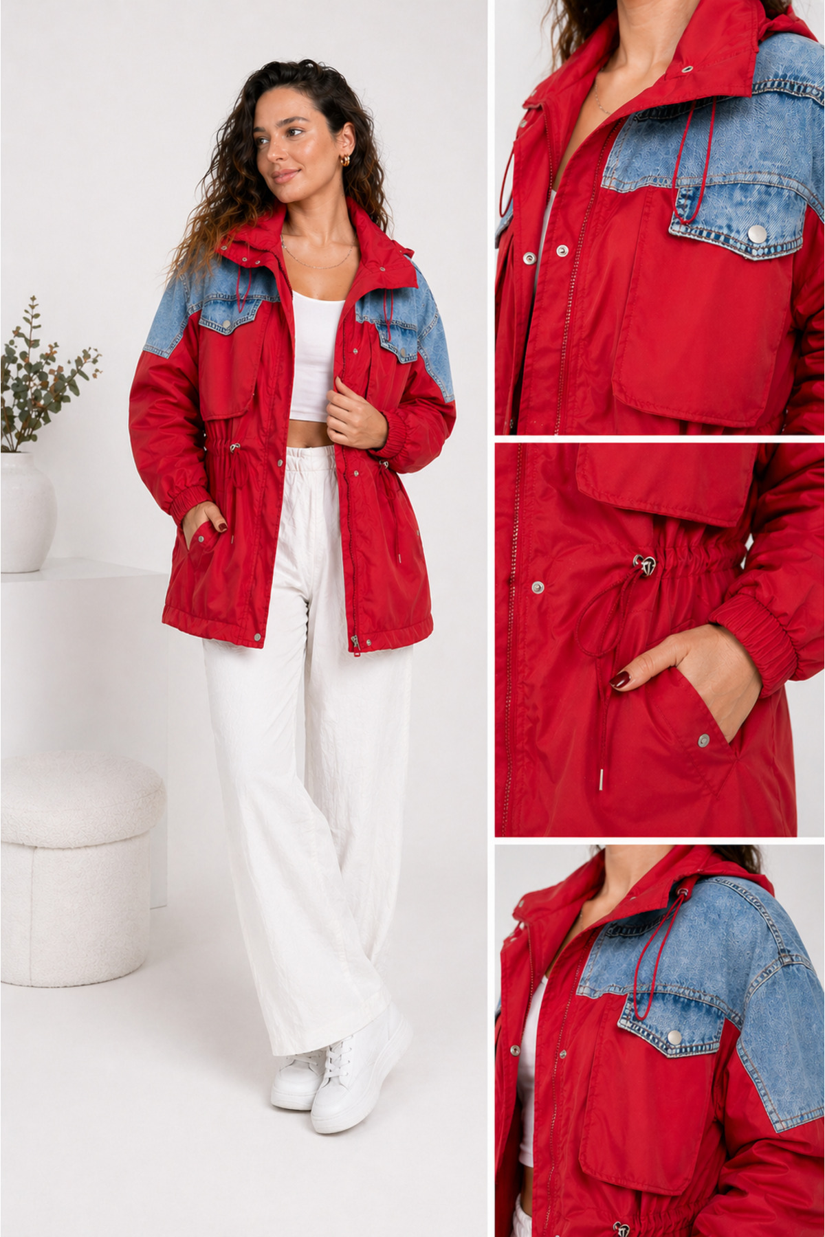 Zylen Denim Detaylı Mix Uzun Cepli Yağmurluk Kadın görsel 4