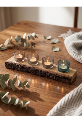 Ferwood Design Ferwood %100 Doğal Masif Meşe Ağacı 4'lü Dekoratif Ahşap Mumlu...
