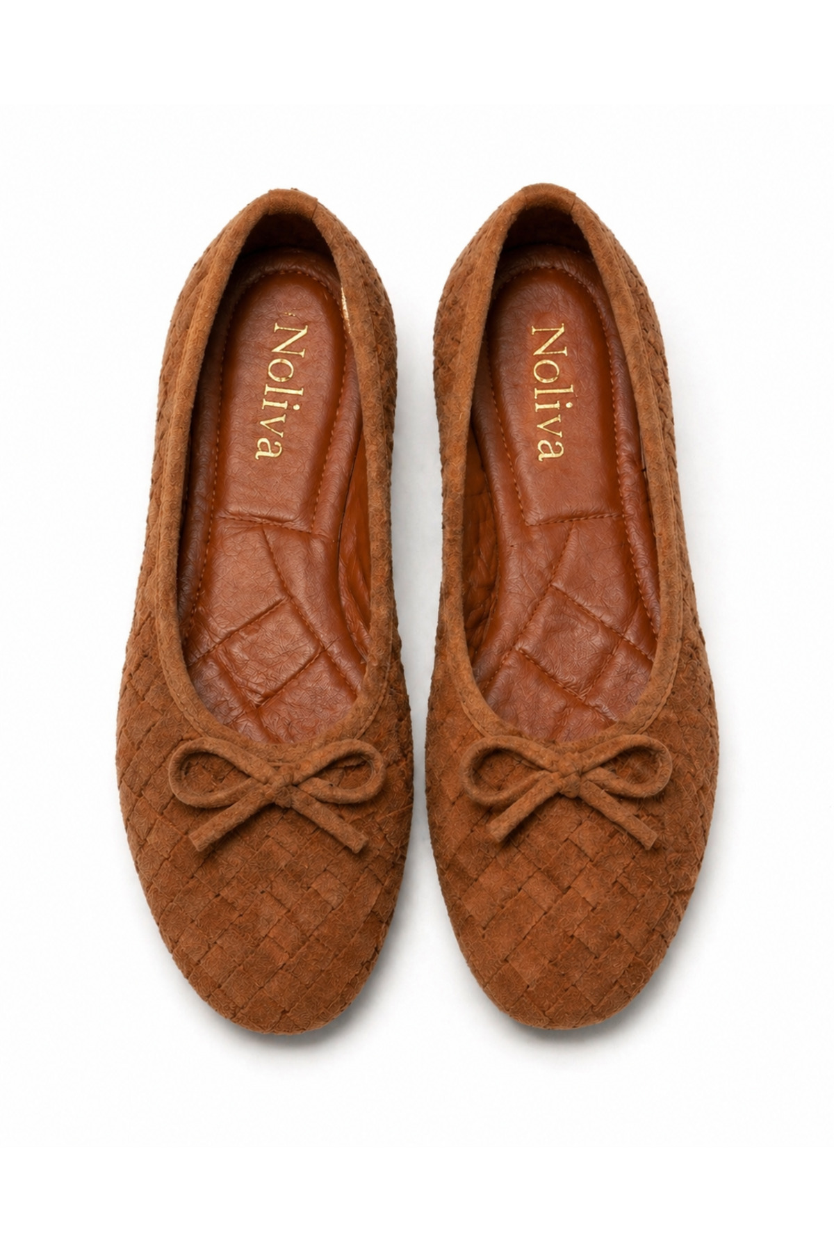 Women's Tan Suede Textured Knitted Patterned Bow Tie Flats