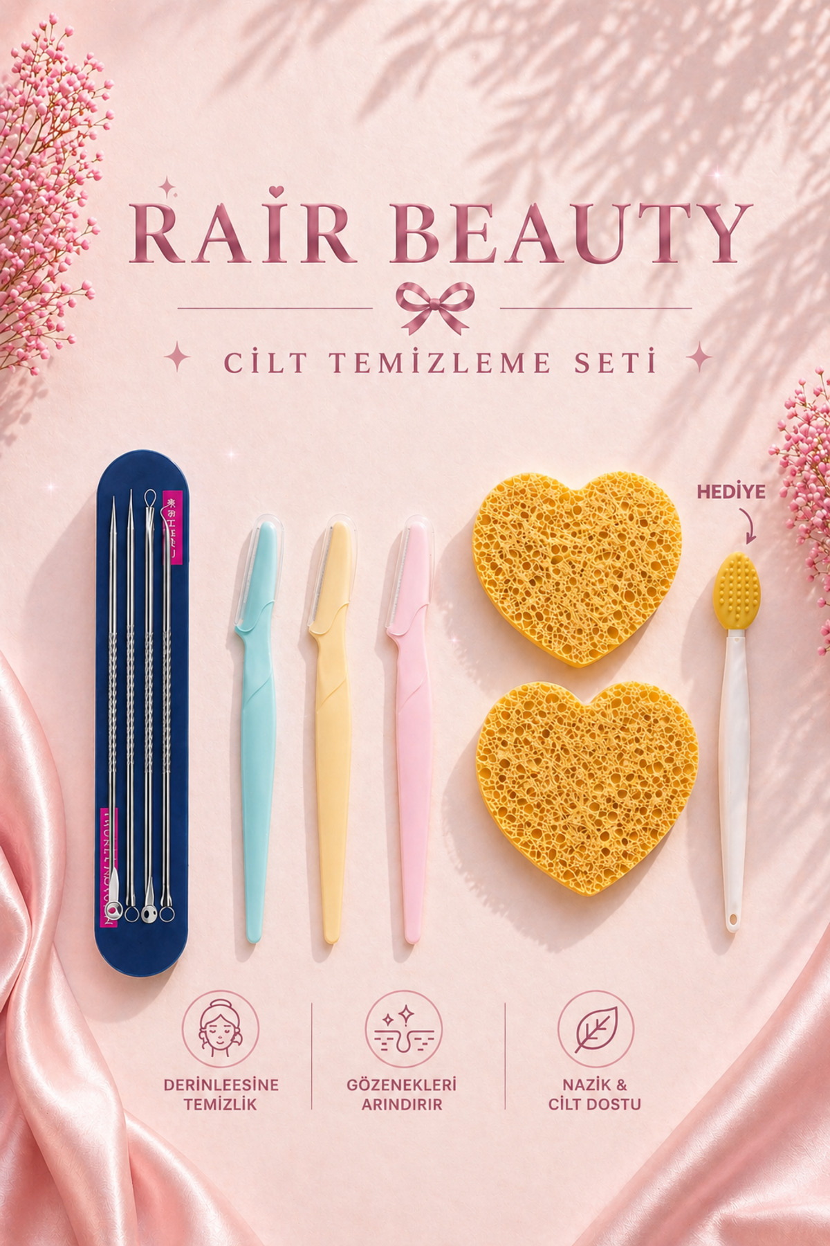 RAİR BEAUTY ست مراقبت از پوست ۴ تکه: ۴ تکه پاککننده جوشهای سرسیاه، ۳ تکه تیغ، اسفنج پاککننده صورت و برس آکنه (هدیه) — ۰۰۰۰۲۱۲