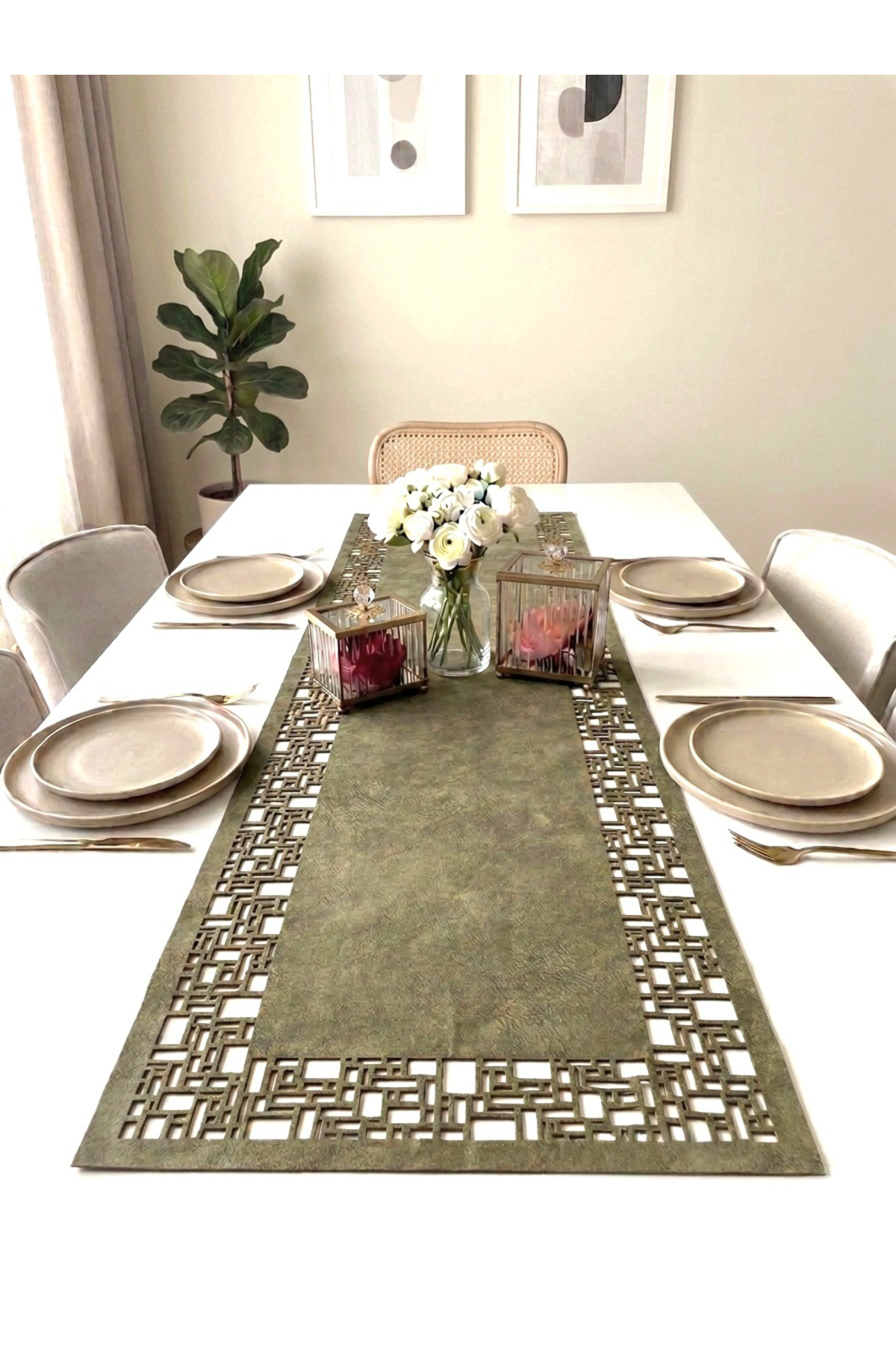 Green Suede Fabric Runner 40x140 Cm Table Length -geometric Rectangular Pattern