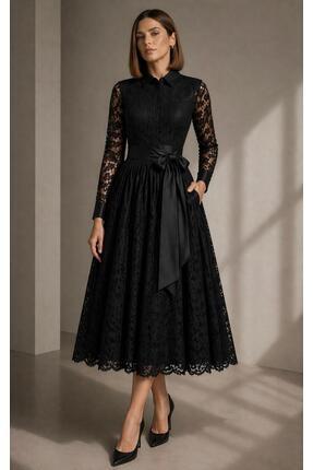 SERAVENZA COUTURE Midi Boy Dantelli Seyyar Kuşaklı Şık Gömlek Elbise COU-03
