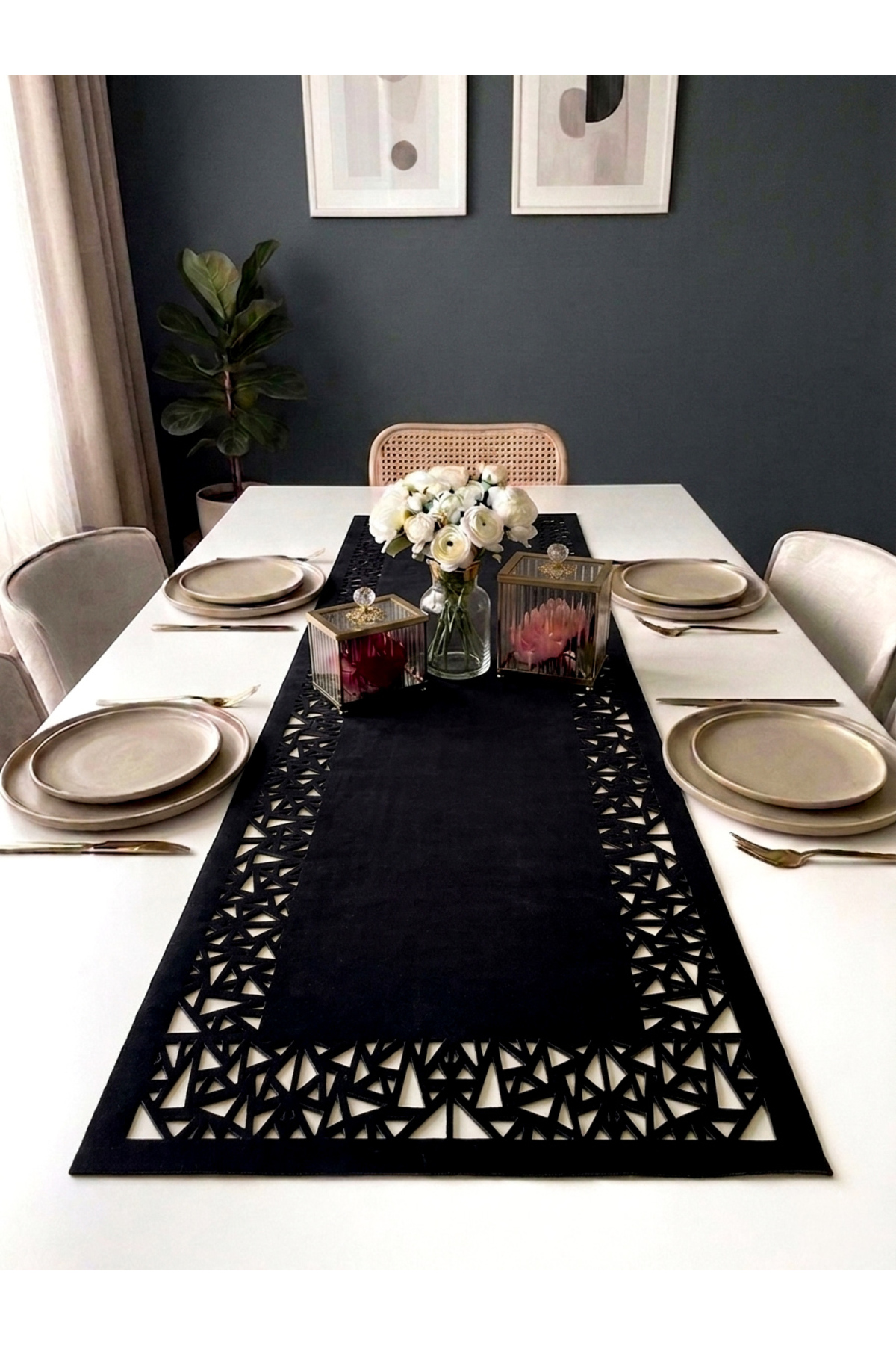 Black Velvet Fabric Runner Geometric Pattern Rectangular Table Length 40x140cm