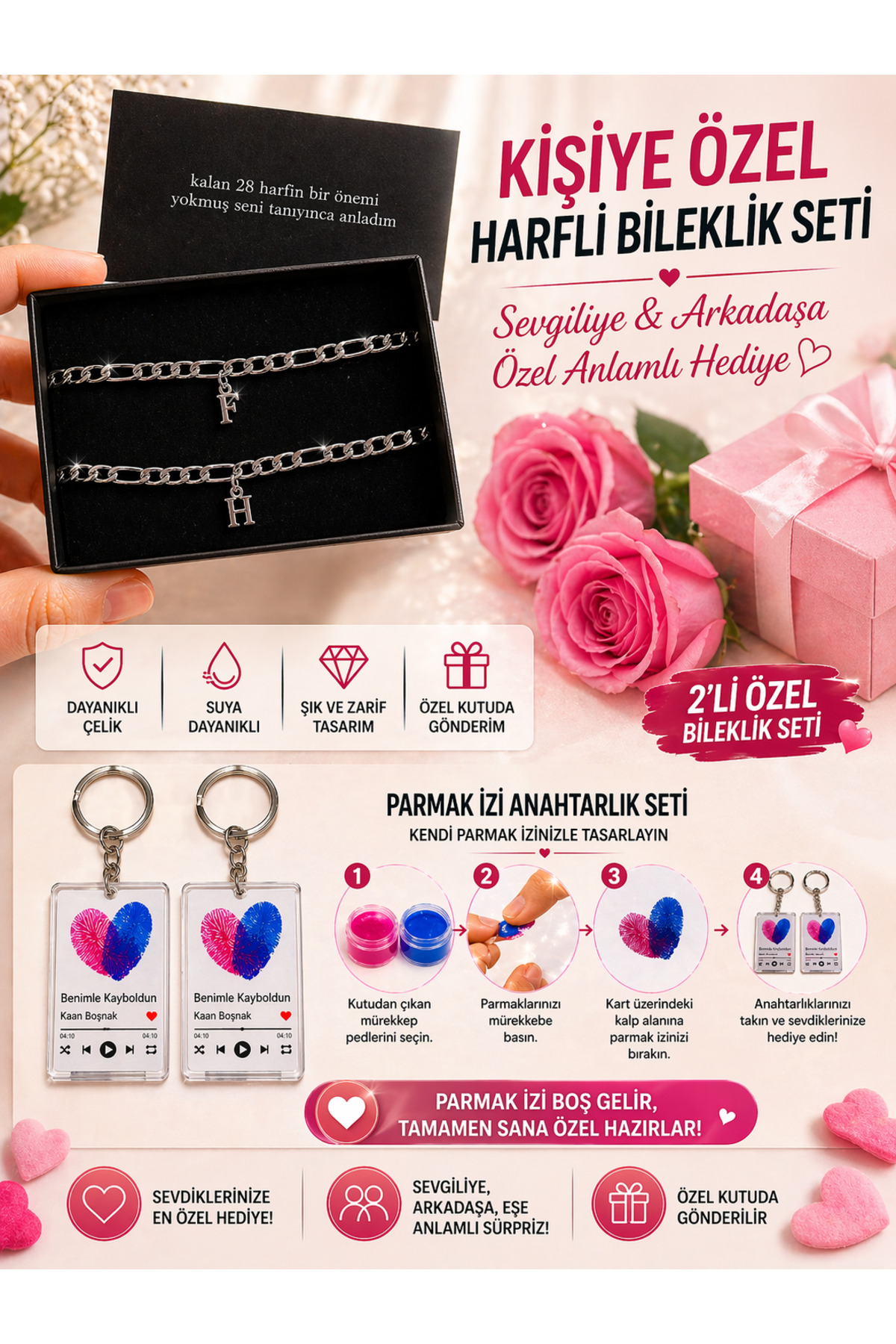 HayDün 2'li Sevgili Çift Harf Detaylı Harfli Çelik Bileklik 2'li Parmak Izi Anahtarlık Hediyeli Sipariş