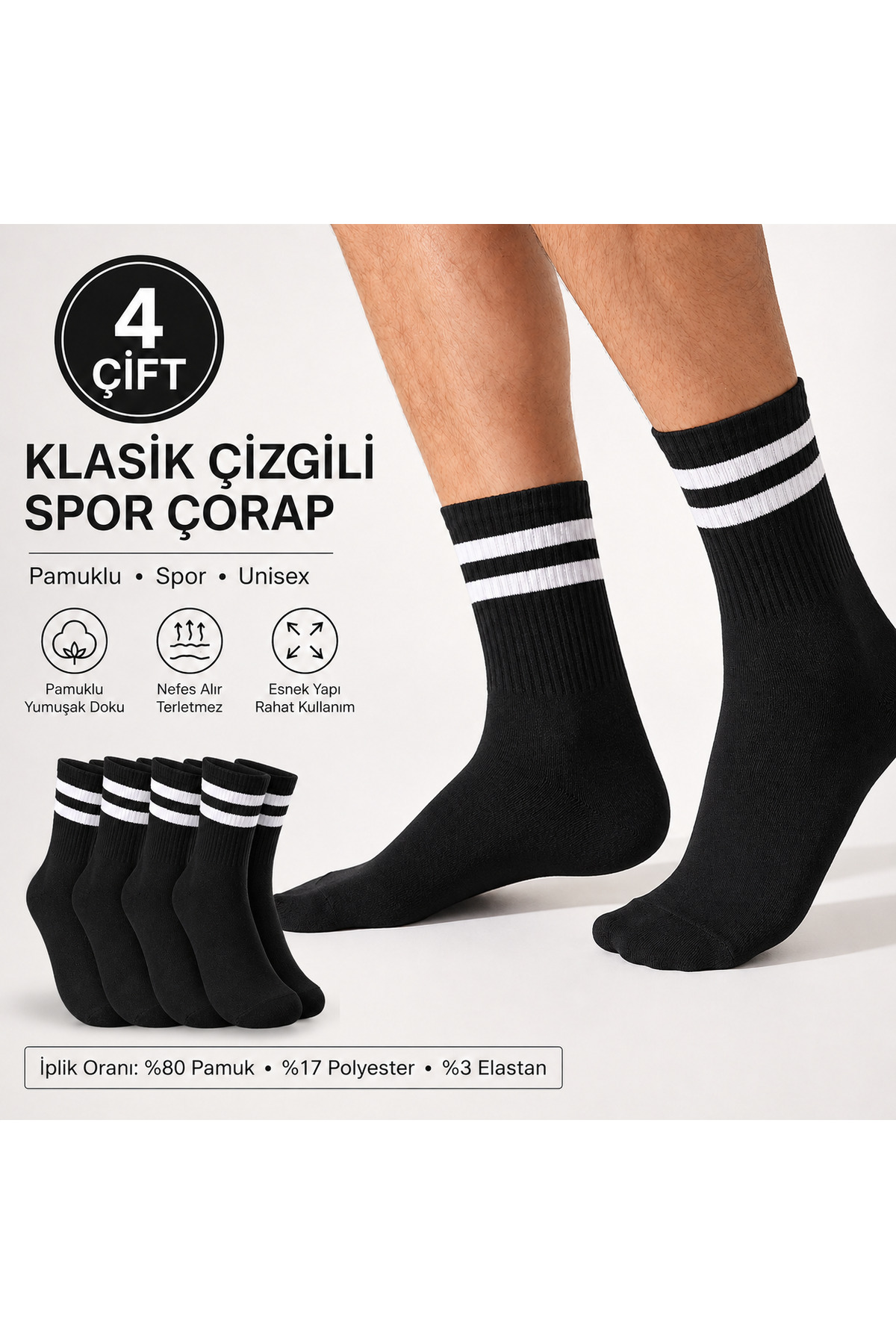 WORTHY SOCKS 4'lü Çizgili Pamuklu Kolej Tenis Kolej görsel 3