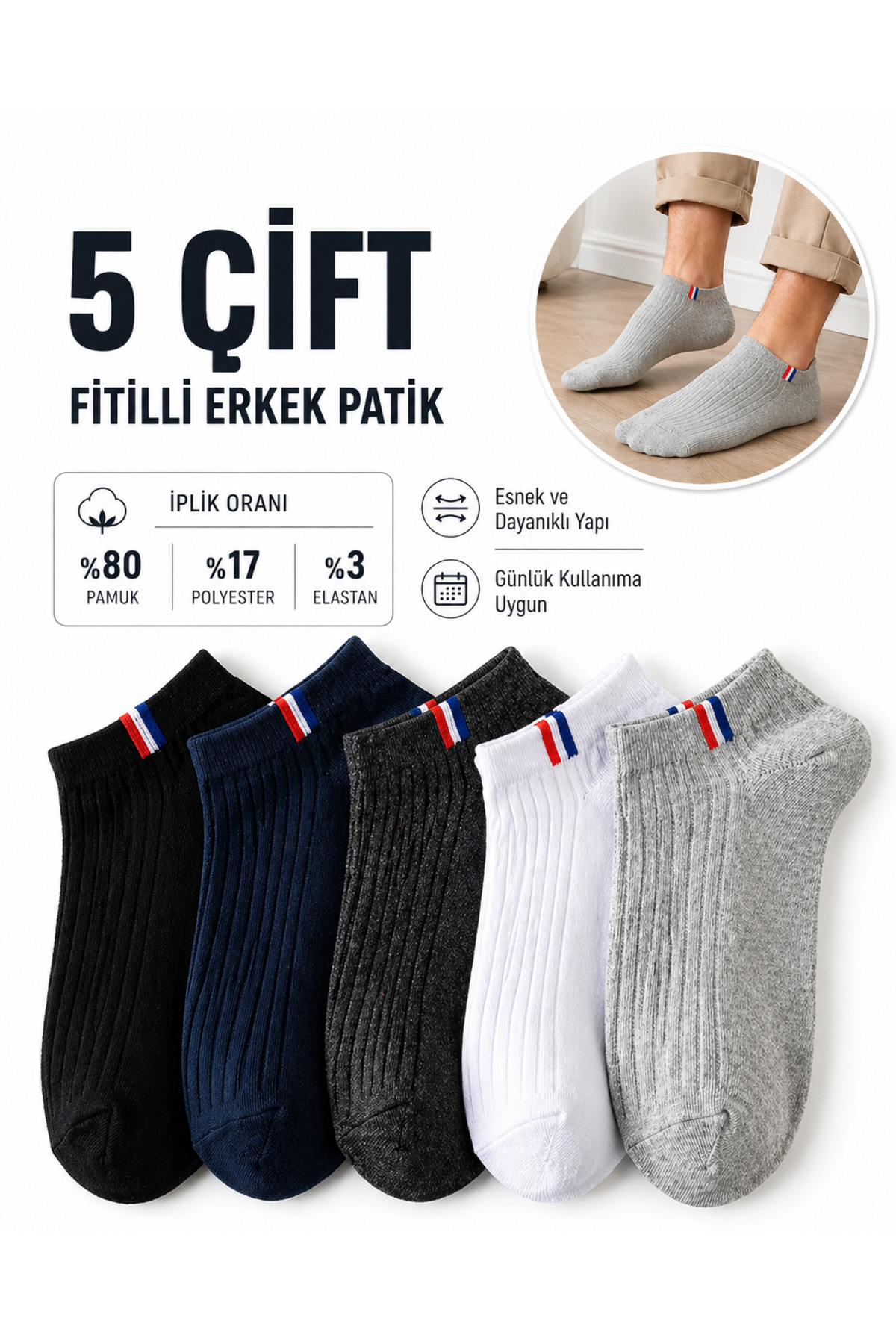 WORTHY SOCKS 5 Li Erkek Patik Çorap Seti 5 Çift görsel 3