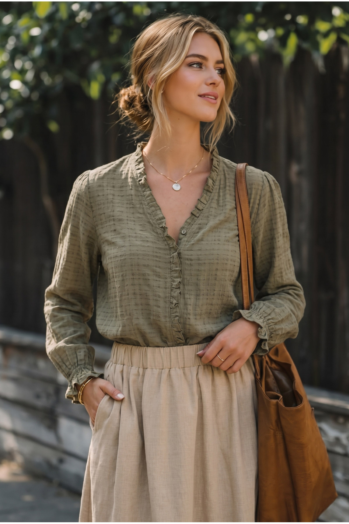 Women's Khaki Collar and Front Ruffle Detailed Elastic Sleeve Long Sleeve Blouse ARM-25K001030