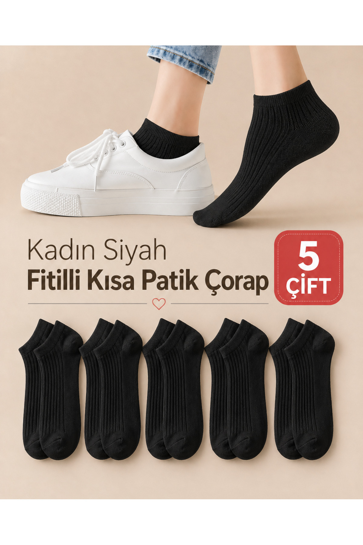 çorapkolik 5'li Kadın Fitilli Kısa Siyah Patik Çorap