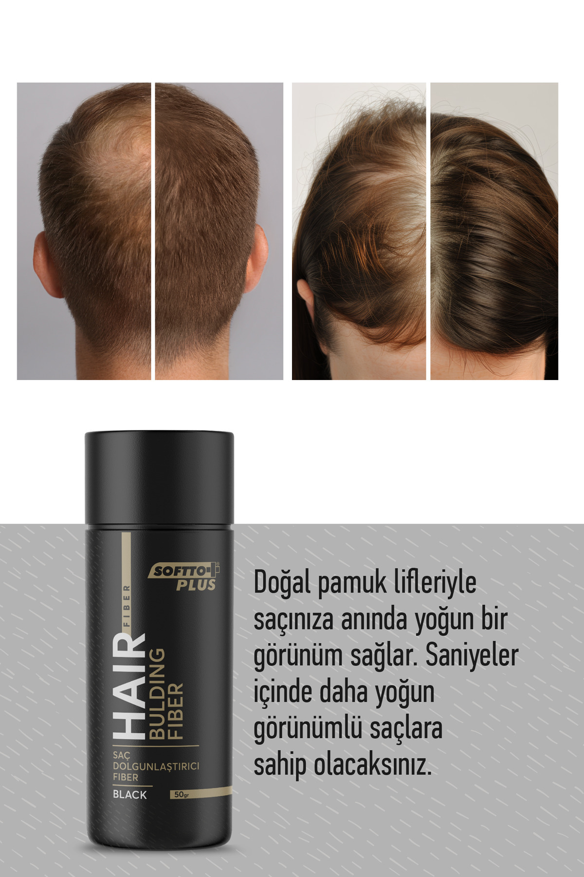 Saç Dolgunlaştırıcı Anında Dolgunluk Sağlayan Siyah Renk Fiber 50 gr. — 50grfibersiyah — تصویر 3 از 4