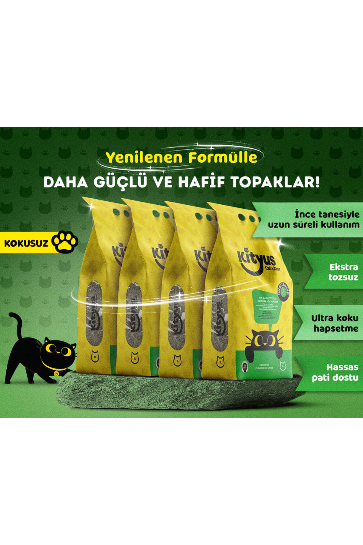 Kityus 4lü Avantaj Paketi Hassas Kediler için Tozsuz,Topaklanan, Kokusuz Bentonit Kedi Kumu 4x5kg