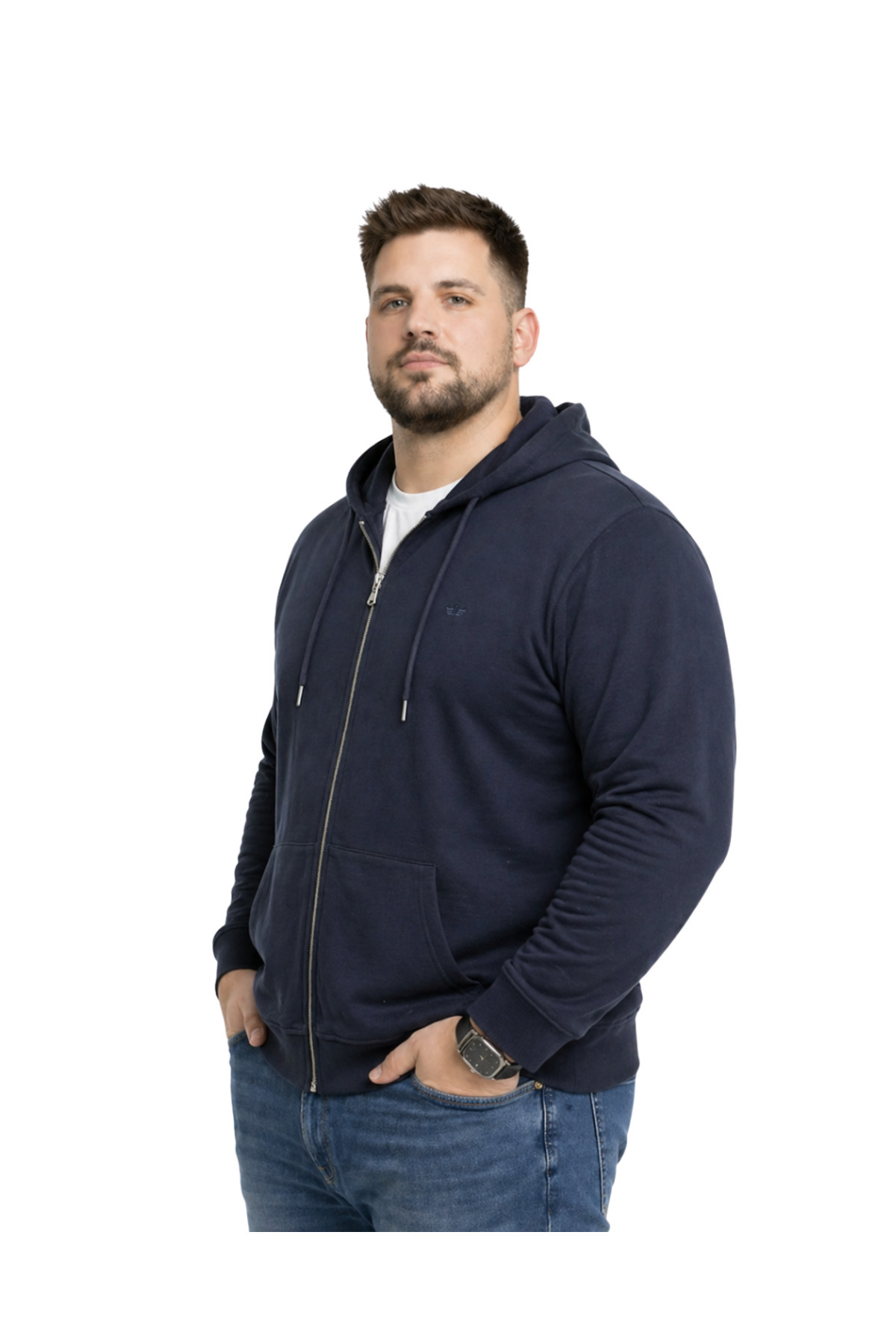 BattalModa Erkek Büyük Beden Lacivert İki İplik Kapüşonlu Fermuarlı Hırka 3XL-4XL-5XL-6XL-7XL-8XL görsel 2
