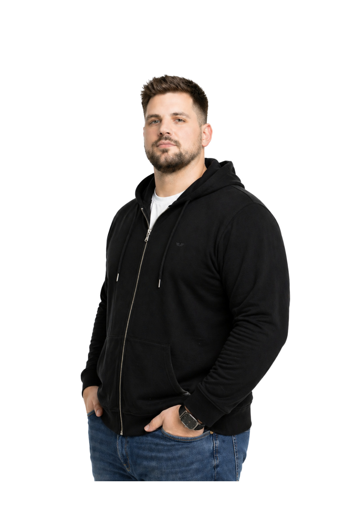 BattalModa Erkek Büyük Beden Siyah İki İplik Kapüşonlu Fermuarlı Hırka 3XL-4XL-5XL-6XL-7XL-8XL görsel 2