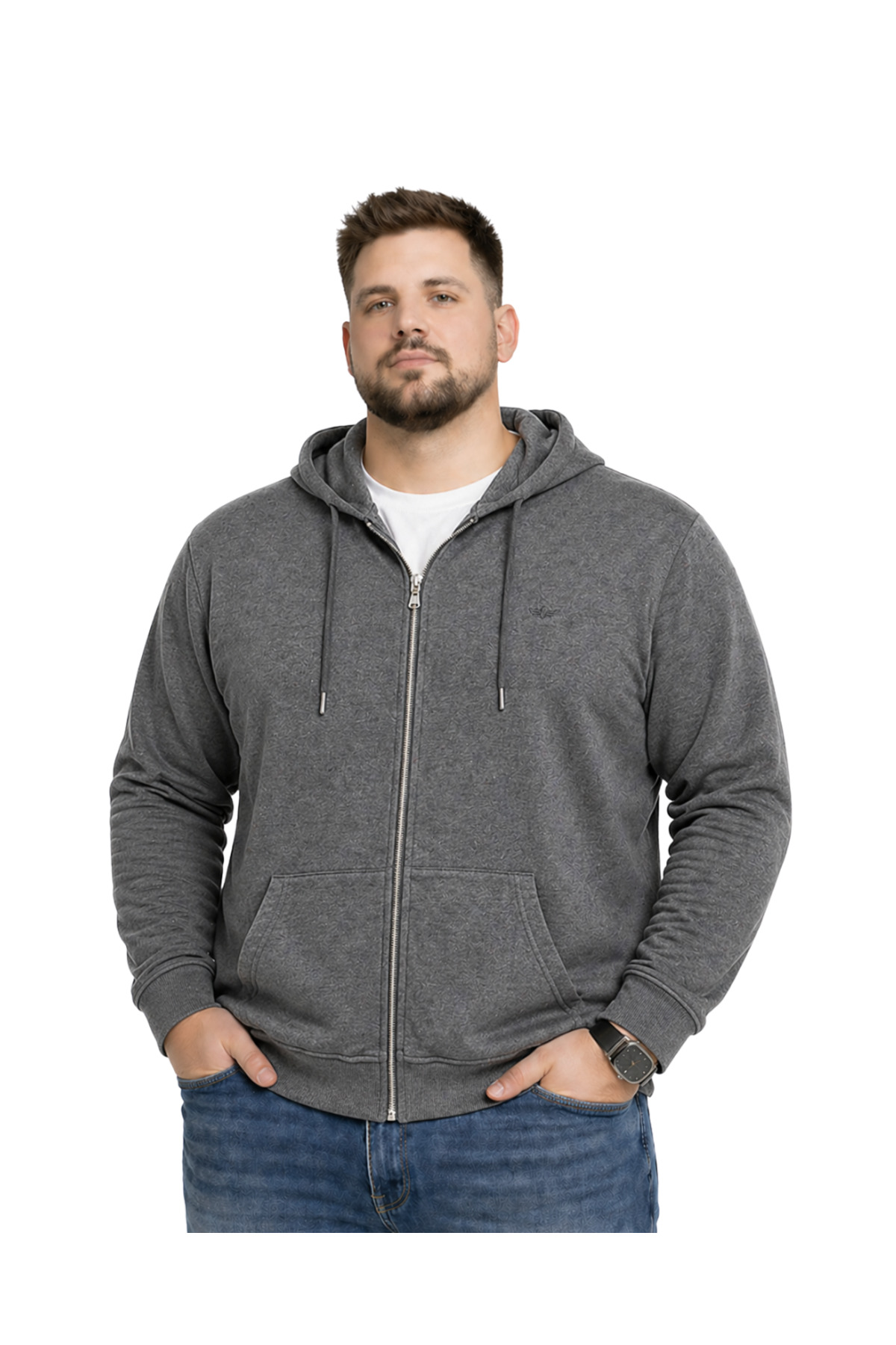 BattalModa Erkek Büyük Beden Antrasit İki İplik Kapüşonlu Fermuarlı Hırka 3XL-4XL-5XL-6XL-7XL-8XL