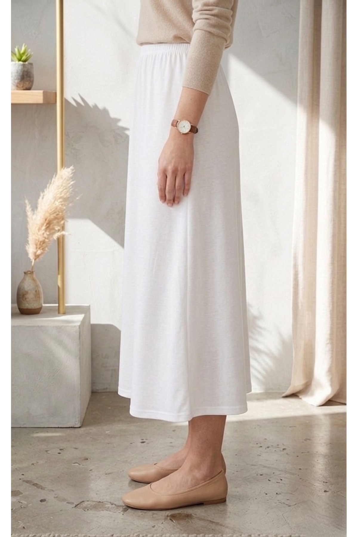 ECEYLÜL MODA Kadın Beyaz Beli Lastikli Düz Kesim Jarse Astar, İç Göstermez Rahat Kesim Etek Astarı görsel 3