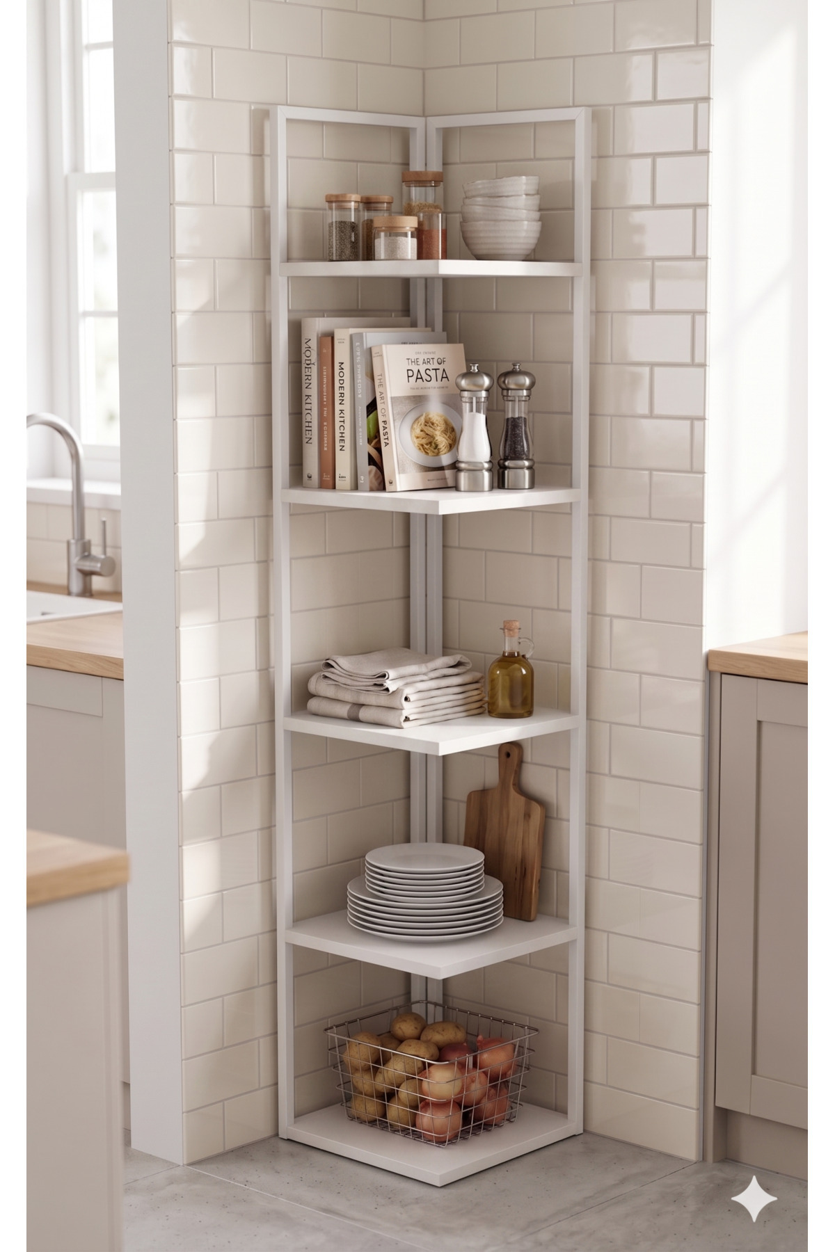 Corner Bookshelf Corner Shelf Metal Bookshelf with 5 Shelves Decorative Shelf Accessory Shelf Multipurpose Kitchen Corner Shelf Ella 180 Cm