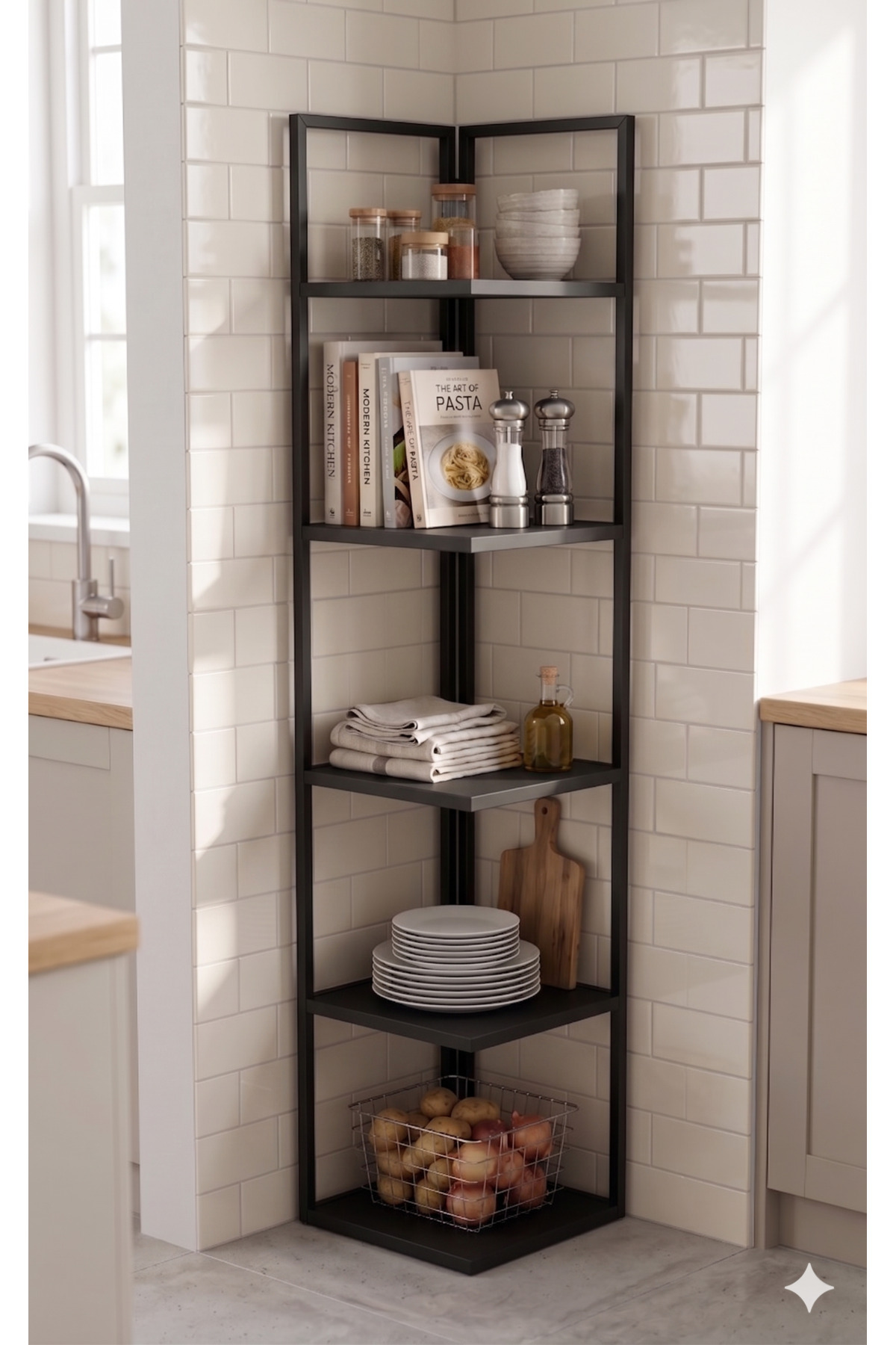 Corner Bookshelf Corner Shelf 5 Shelves Metal Bookshelf Decorative Shelf Accessory Shelf Multi Purpose Kitchen Corner Shelf Ella 180 Cm Black