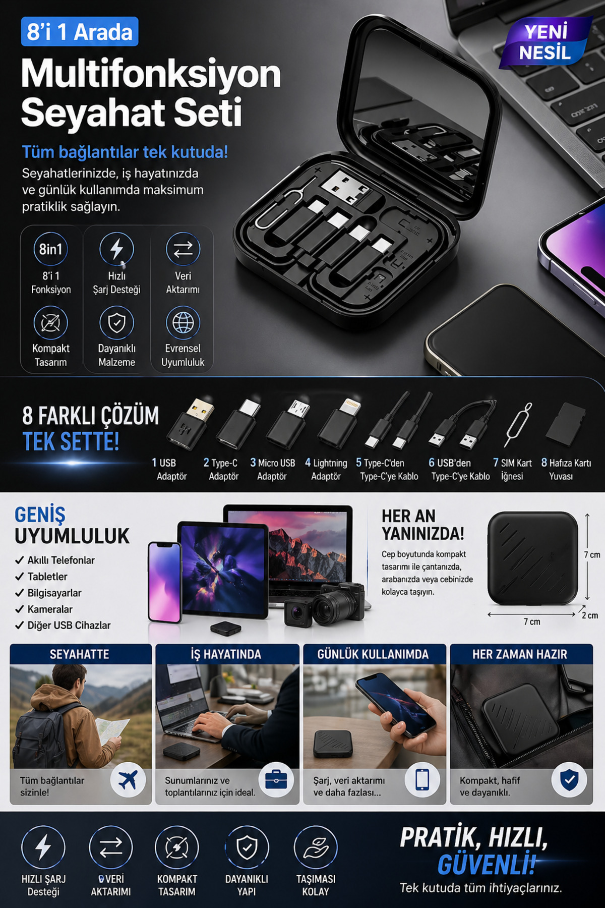 nextbuy 8in1 USB-C Hızlı Şarj Veri Kablosu iPhone Xiaomi Type-C