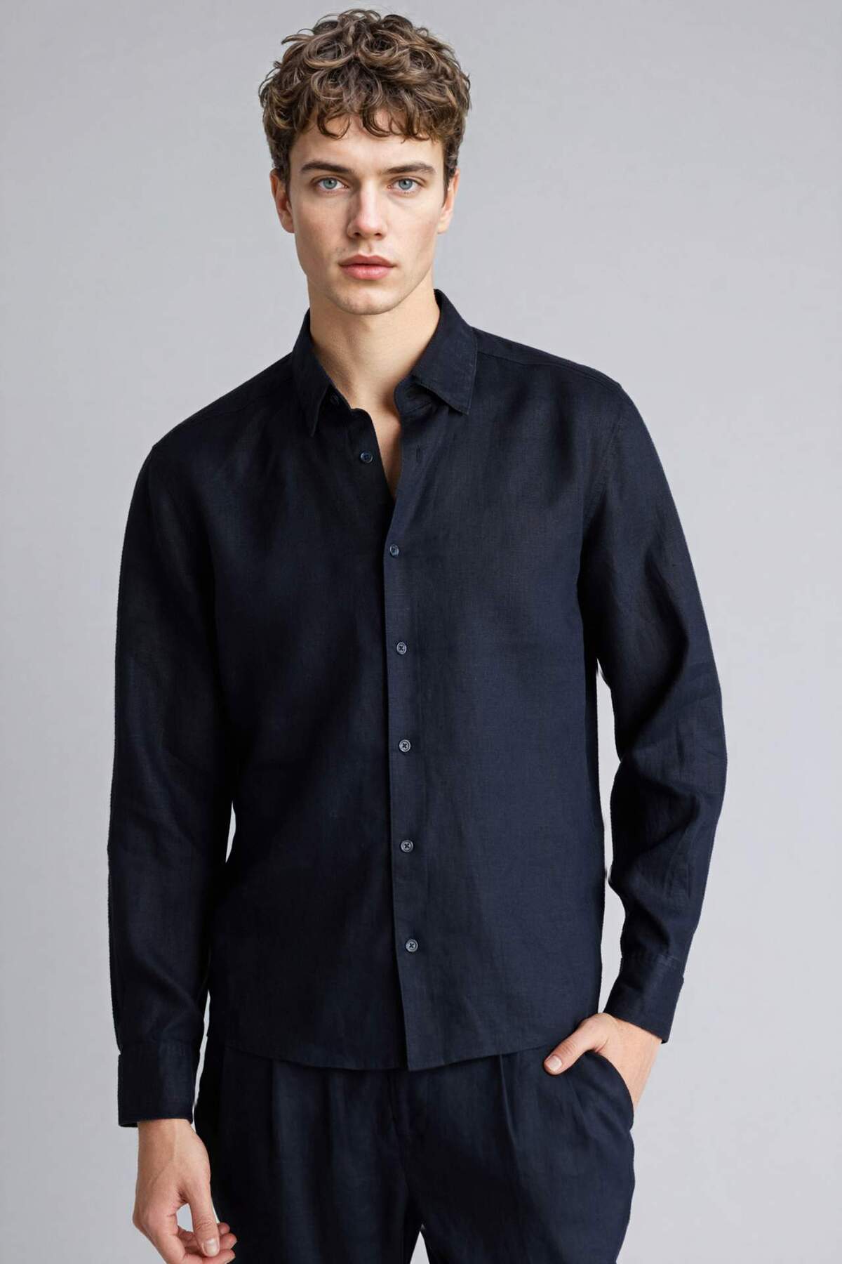 %100 Keten Regular Fit Polo Yaka Basic Uzun Kollu Gömlek C1825AX24SM — سرمه‌ای — تصویر 2 از 4