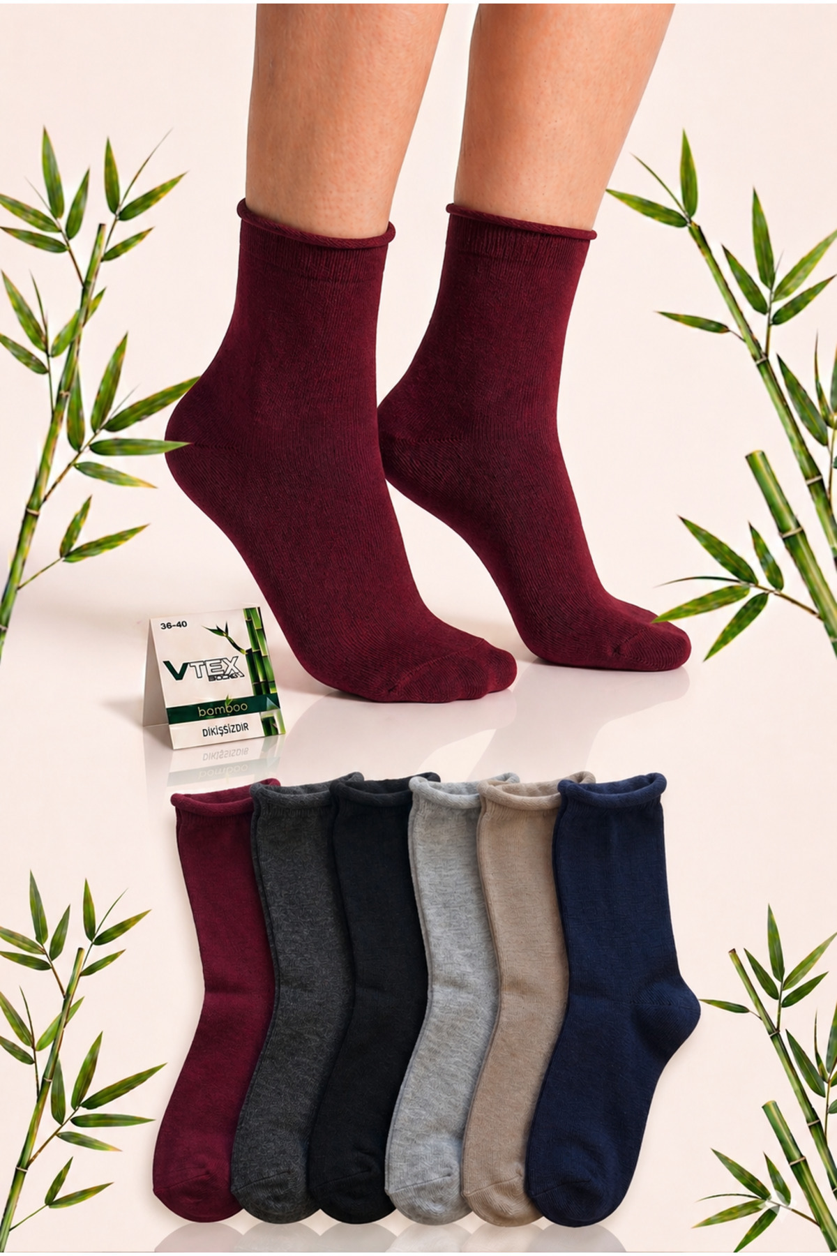 6-Pack Seamless Women's Bamboo Rubberless Socks Mixed Color Dark Colors 6 Pairs