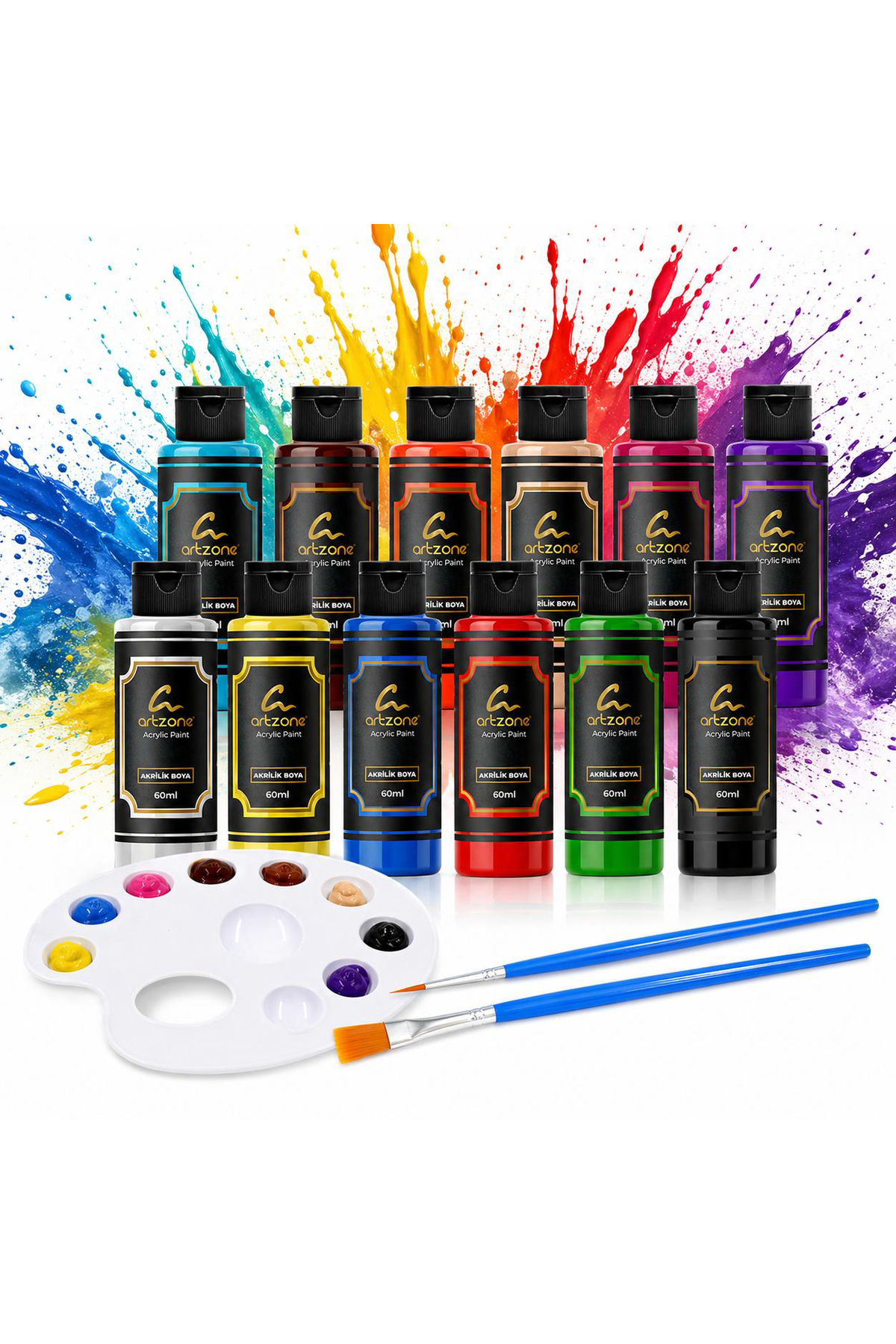 Artzone Akrilik Boya Seti 12 Renk x 60ml. Fırça ve Palet Hediyeli