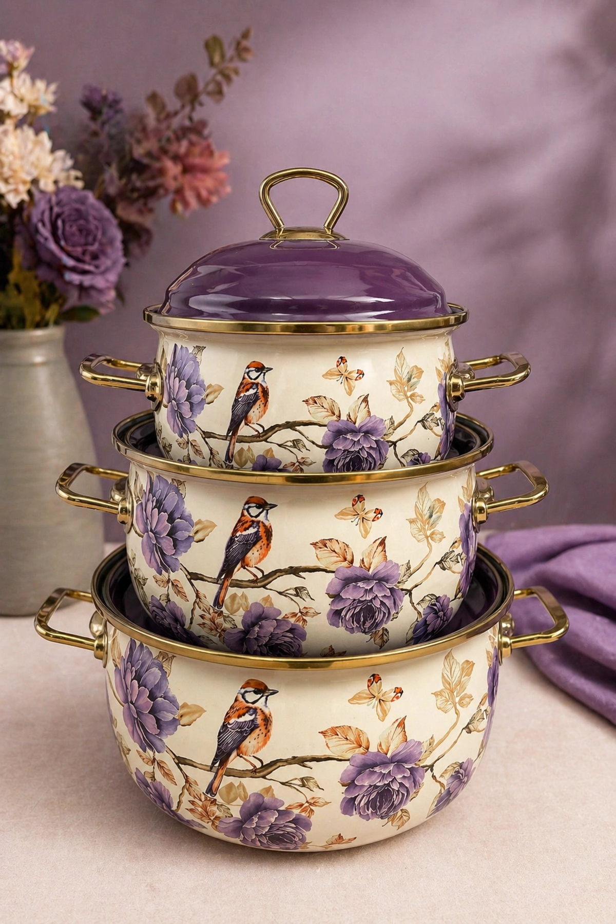 Fiorella Deep Curved Enamel Cookware Set 16-20-24 cm
