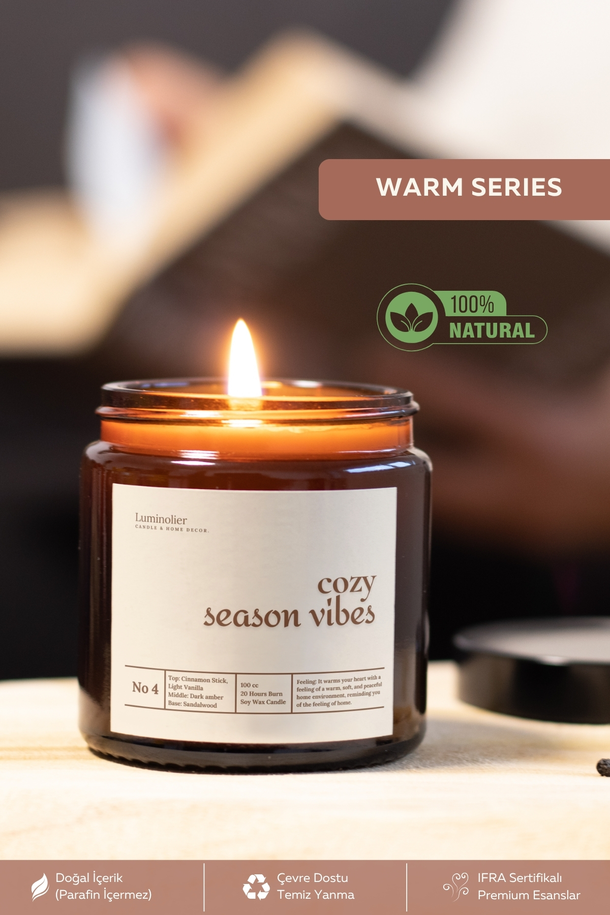 Cinnamon, Vanilla & Amber Scented Natural Soy Candle – 100cc Amber Glass Jar, Intense & Cozy Atmosphere