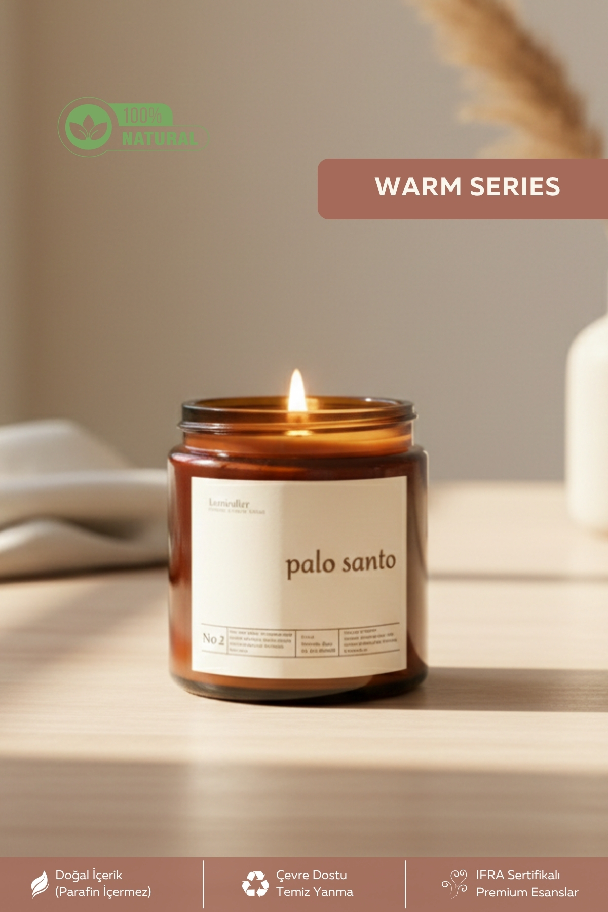 Palo Santo Scented Natural Soy Candle – 100cc Amber Glass Jar, Relaxing and Warm Environment