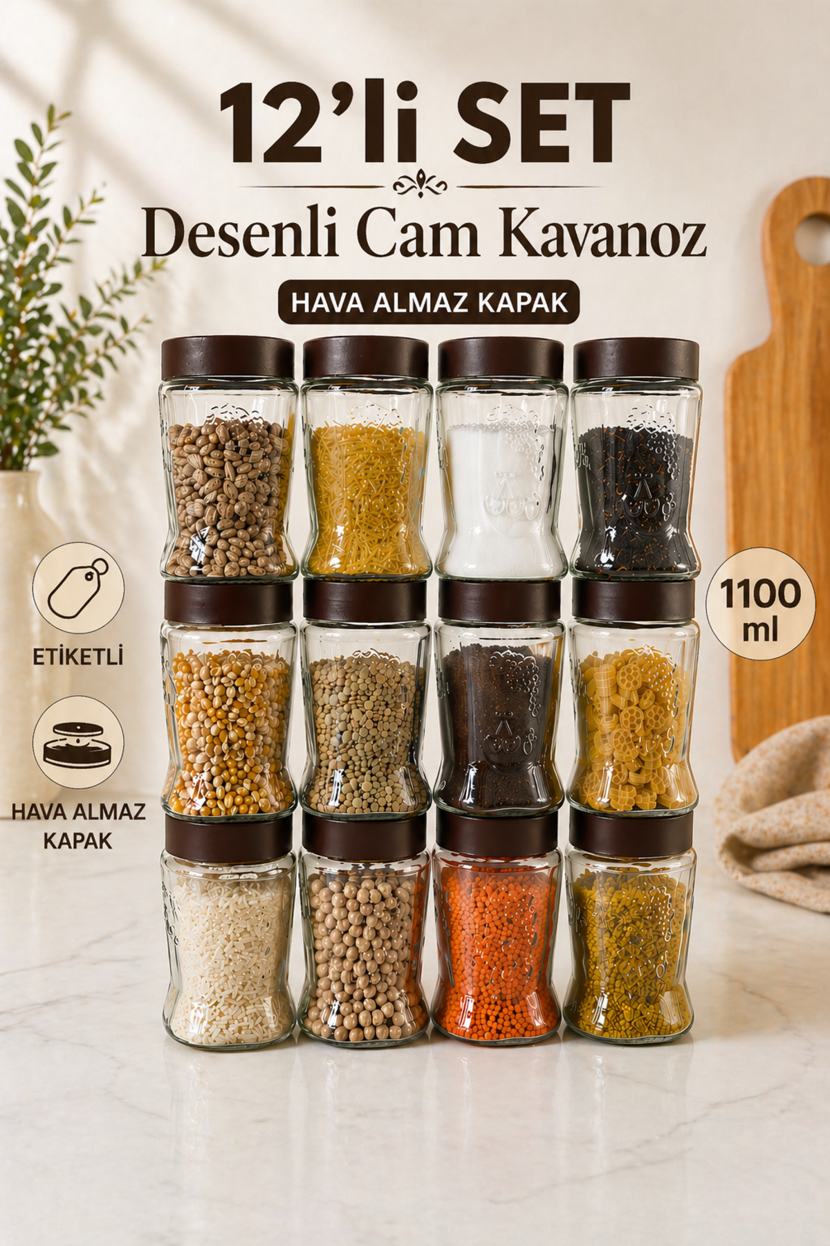 Lizzy 12 Li Etiket Hediyeli 1100 ml Kapaklı Kare Cam Kavanoz Erzak