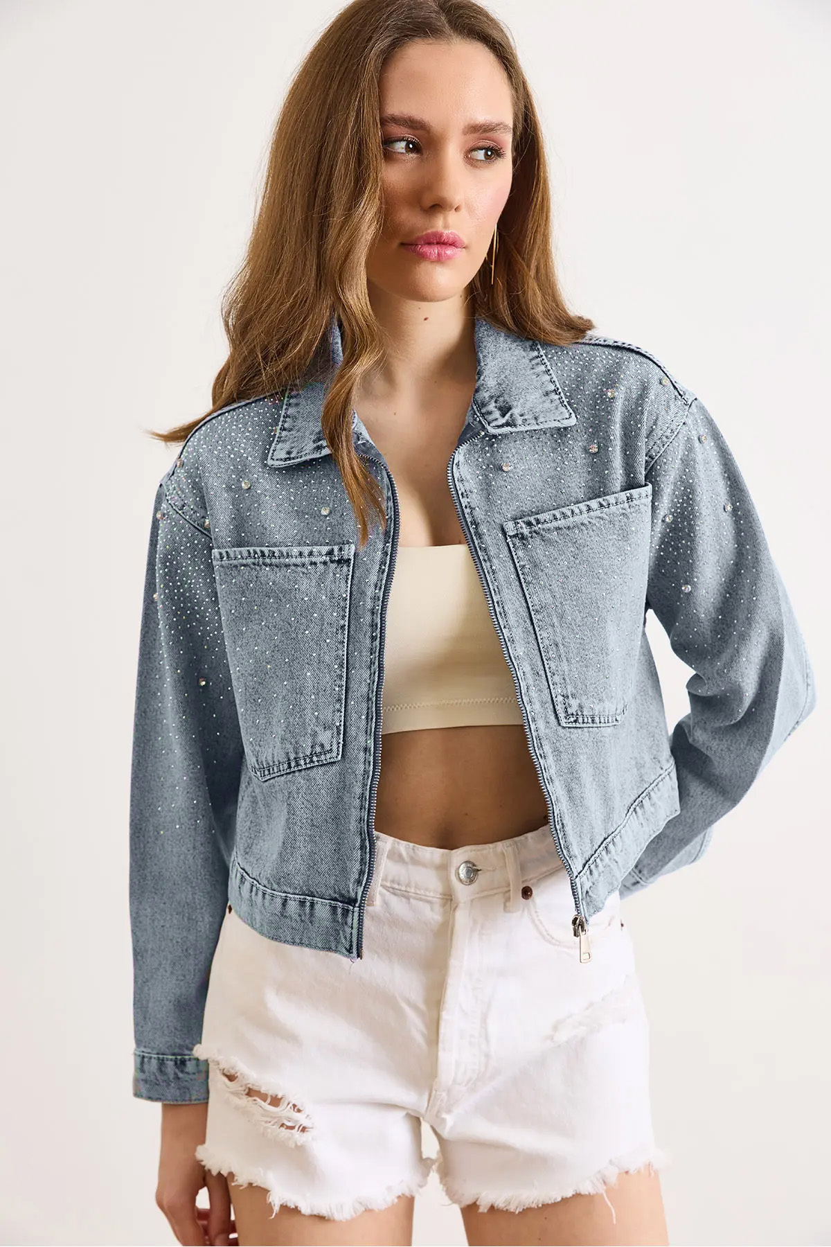 Women's Light Blue Stone Sequin Detailed Washed Crop Denim JacketCKT-19000523